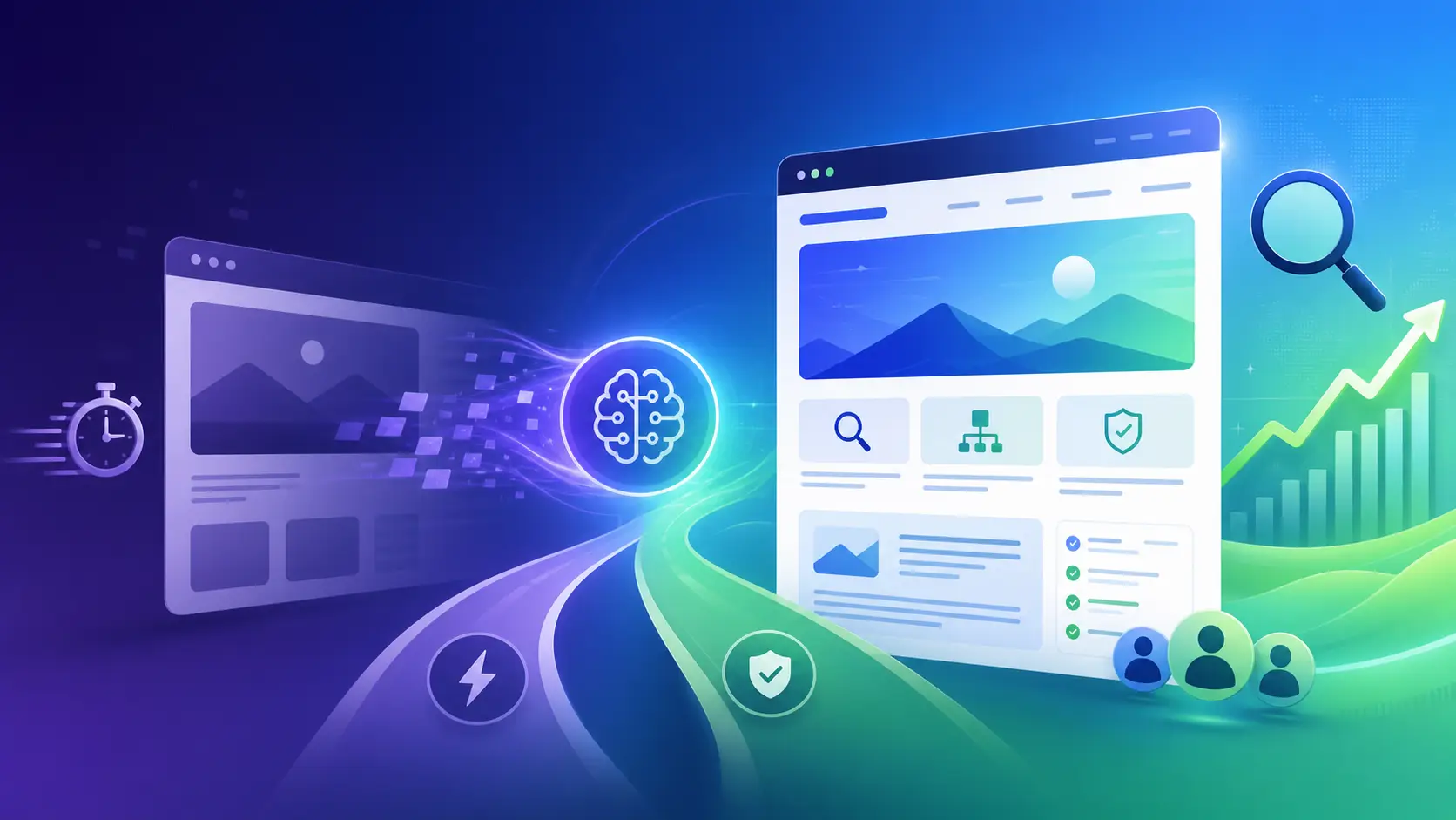 A fast AI-generated page transforming into a structured SEO growth website with search traffic and lead signals.