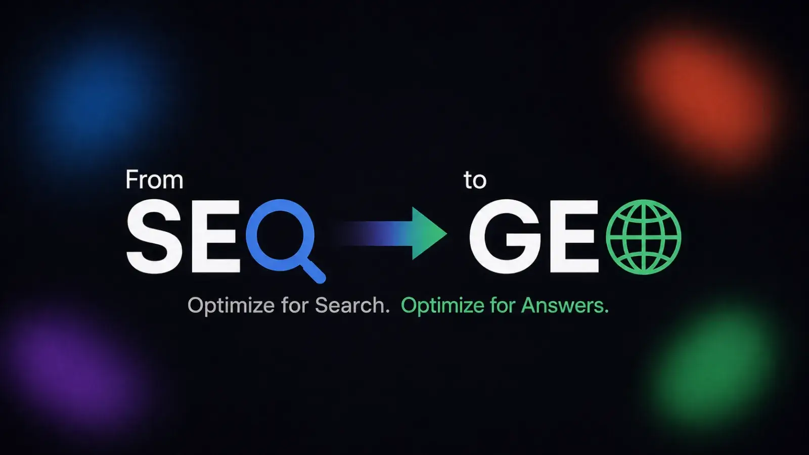 A clean high-contrast editorial infographic showing the shift from traditional search clicks to AI answers. The left side shows classic SEO rankings and website clicks. The right side shows an AI answer box with brand mentions, citations, trust signals, and a conversion path. Use large readable text, clear blue and orange contrast, and a modern business strategy style.