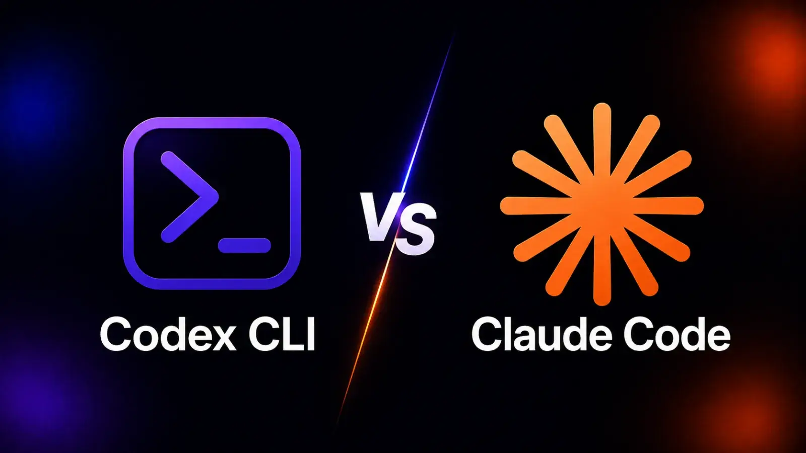 一張 4:3 Apple 極簡風編輯封面，左側是深色 Codex CLI 面板，右側是淺色 Claude Code 面板，兩者以一條細橘線與一個紅色決策節點連接。所有文字應保持英文。