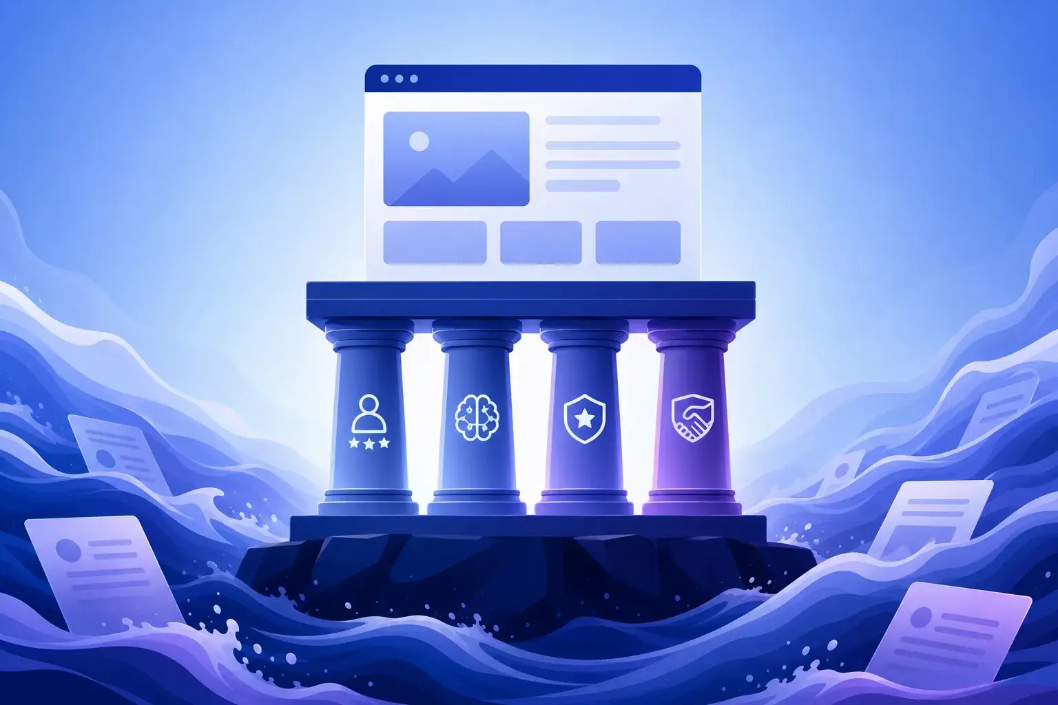 A clean SaaS-style visual showing a brand website standing on four trust pillars—experience, expertise, authority, and trust—while generic AI content fades in the background.