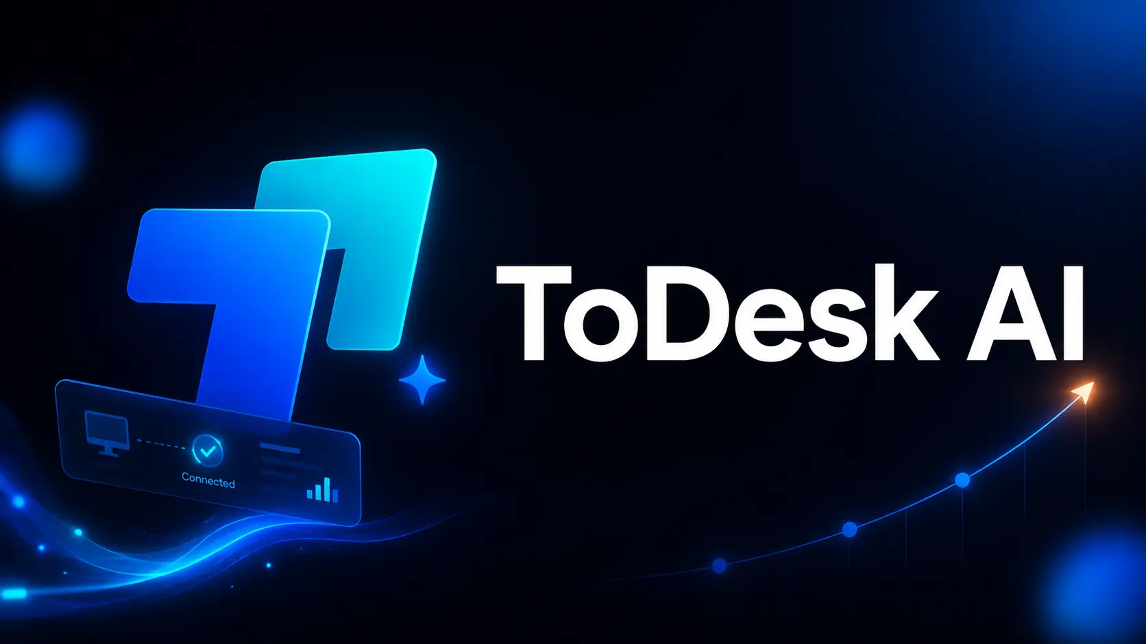 Create a clean 16:9 technology cover with a light blue and white background. Show a desktop screen with a ToDesk AI-style assistant interface and a few simple icons for remote devices, file organization, scheduled tasks, and mobile commands. Keep the layout minimal, modern, readable, and free from external platform watermarks, with the title “ToDesk AI Remote Desktop Agent” clearly highlighted.