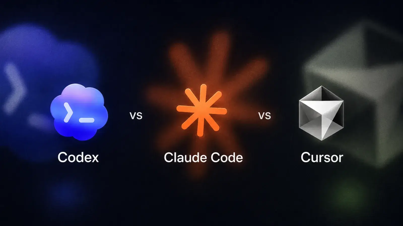 A high-contrast editorial tech visual showing Codex, Claude Code, and Cursor as three competing AI coding agent systems. The image should show Codex as cloud-agent infrastructure, Claude Code as terminal and IDE control, and Cursor as an agentic IDE workspace. The visual should also show the battle expanding beyond developers into knowledge work, content systems, SEO, GEO, workflow automation, and business growth.
