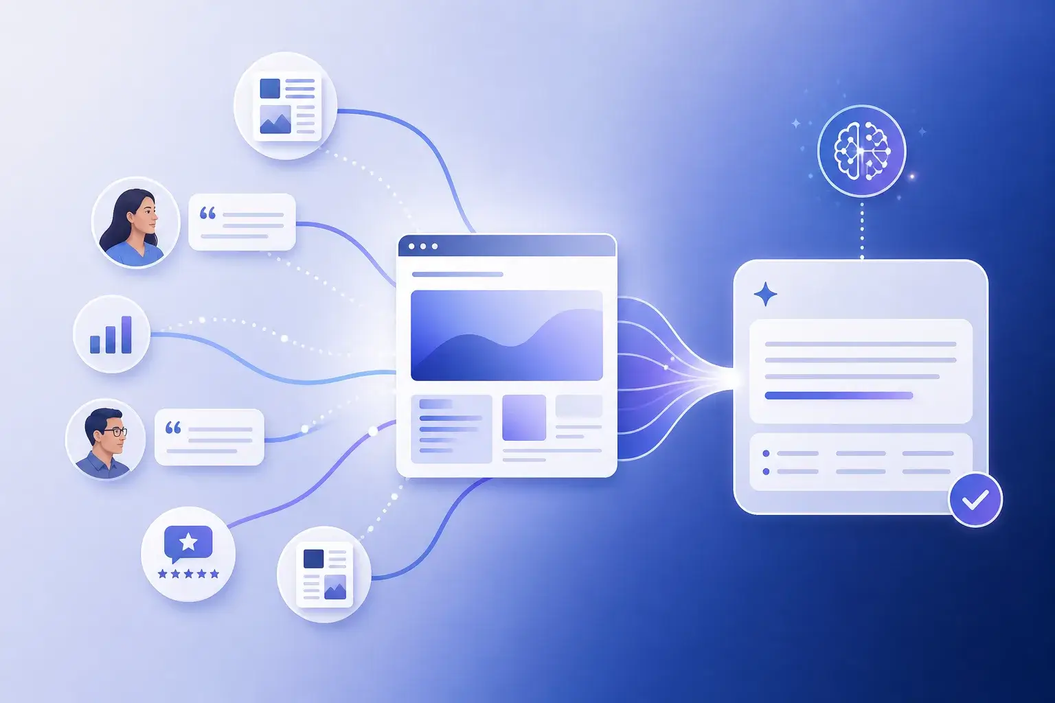 A clean SaaS-style visual showing a brand website amplified by media mentions, expert quotes, analyst references, and community signals, flowing into an AI answer panel that cites the brand.