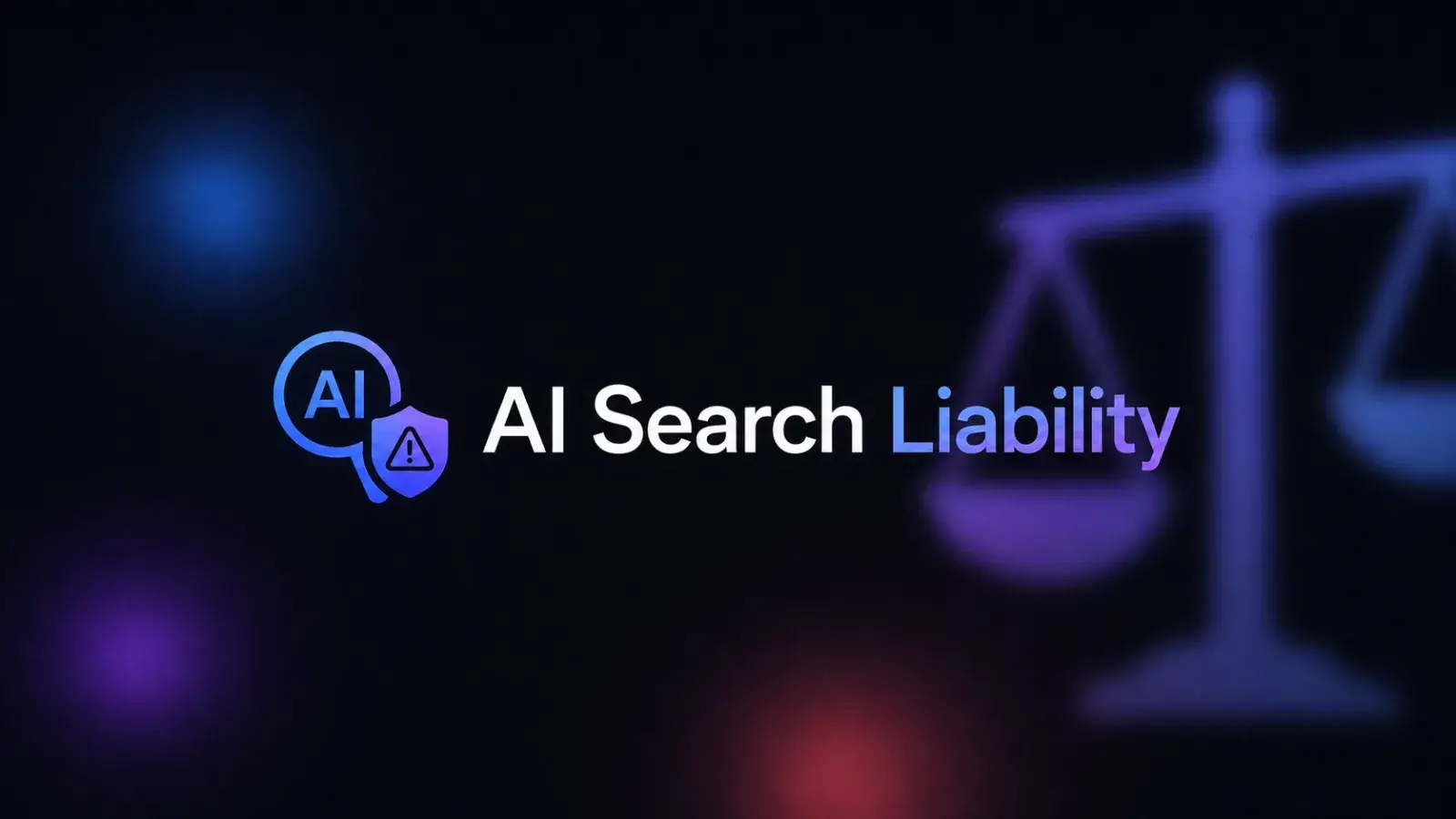 一張法律新聞風格的封面視覺，呈現 Google AI 摘要作為 AI 生成的答案框，旁邊放有法院文件、流量圖表與品牌風險警示。採用嚴肅的編輯版面、米白色紙張背景、黑色法律字體、低飽和紅色與藍色點綴，並明確傳達主題：AI 搜尋正成為網站與品牌的責任議題。
