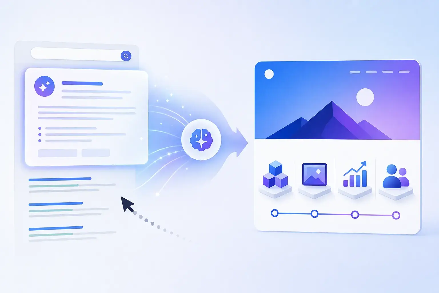 A clean SaaS-style illustration showing an AI answer layer absorbing search attention while a brand website remains the source of truth for visibility, trust, and leads.