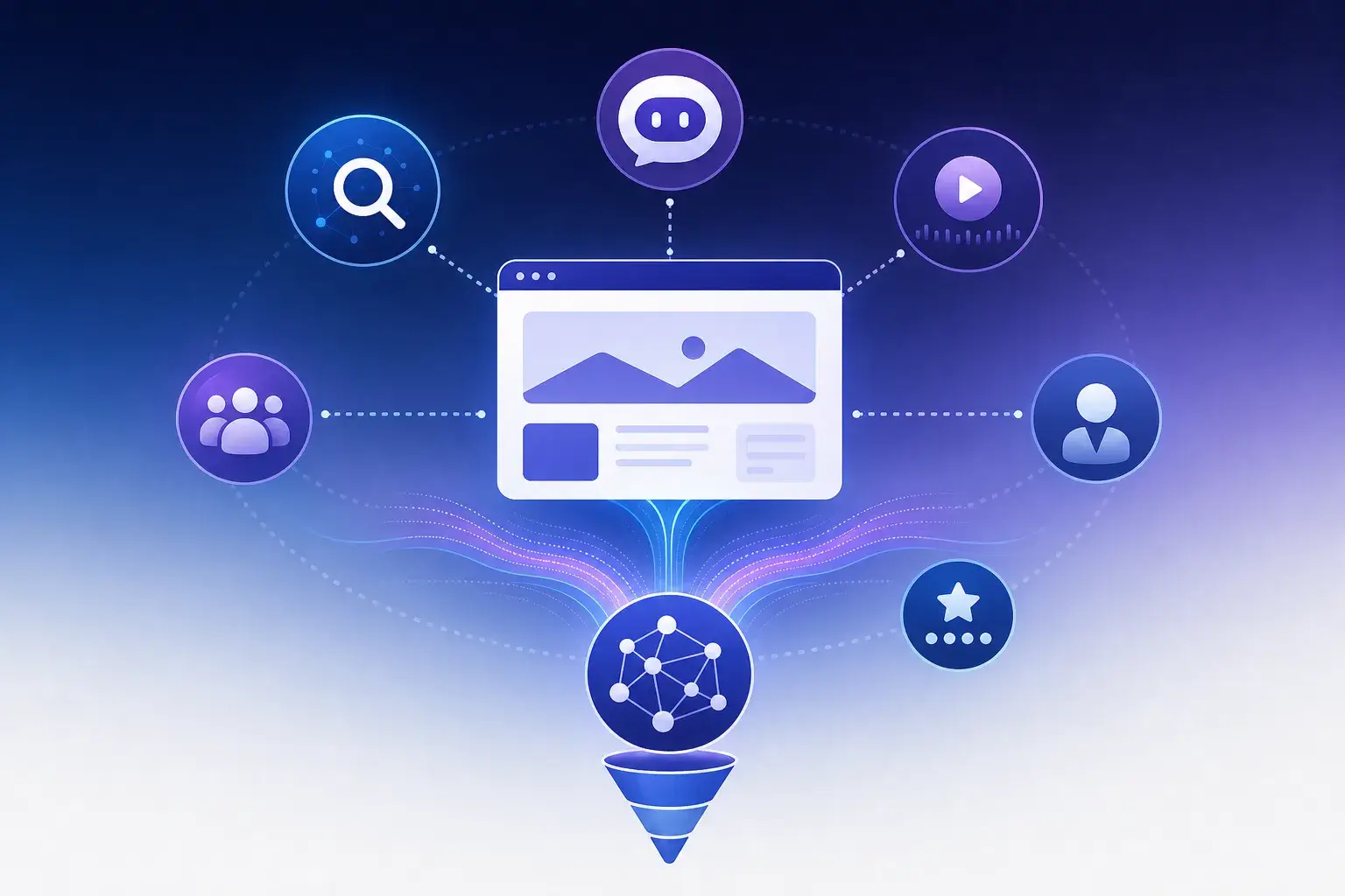 A clean SaaS-style visual showing a brand website as the central hub connected to multiple AI discovery platforms, including search AI, chatbot answers, video, community, professional content, and review signals.