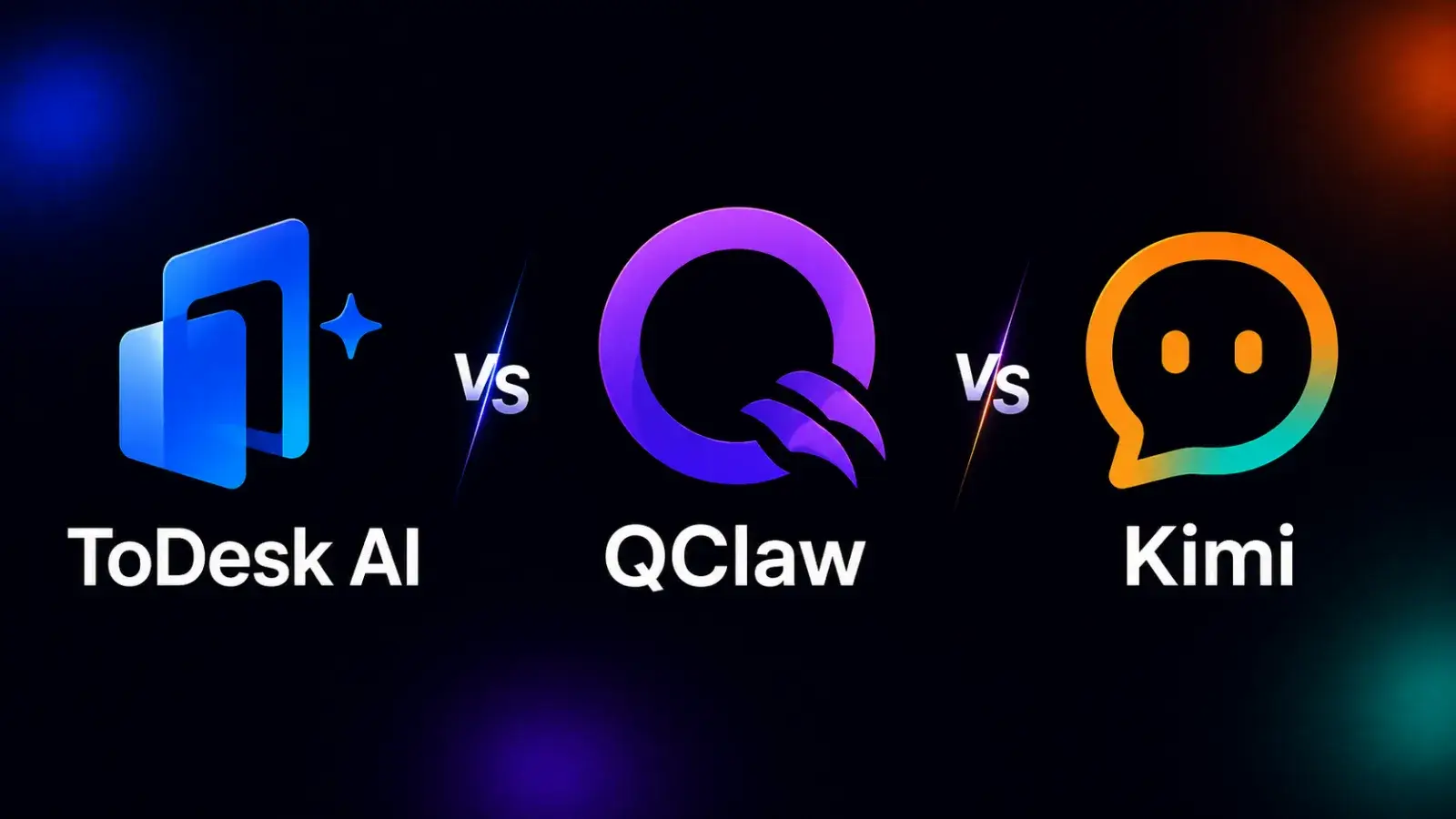 Create a clean 16:9 editorial cover with a dark blue-black background, soft blurred glow, and three simple AI assistant cards labeled ToDesk AI, QClaw, and Kimi. Keep the layout minimal and readable, with one clear theme: AI office assistants are moving from chat to workflow execution.