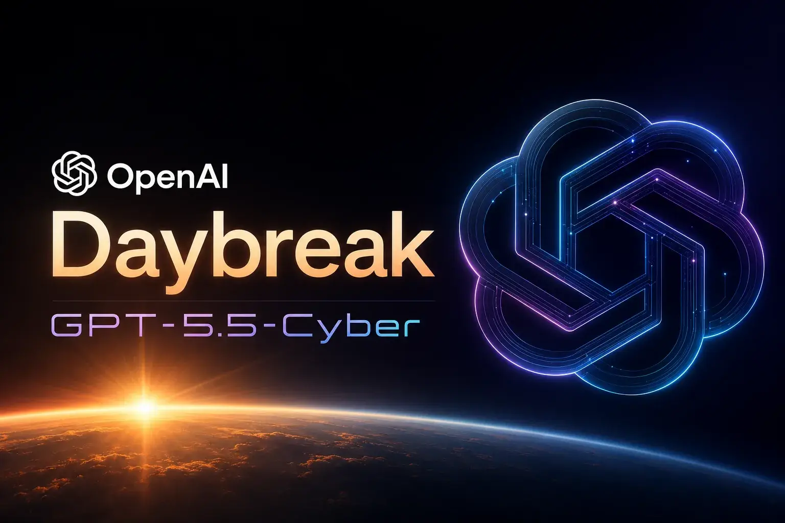 Daybreak, GPT-5.5-Cyber, Codex Security, Patch the Planet을 위한 명확한 제품 스타일의 보안 워크플로 시각 자료를 사용하세요. 이미지 내 모든 텍스트는 영어로, 읽기 쉽고 가려지지 않아야 합니다.
