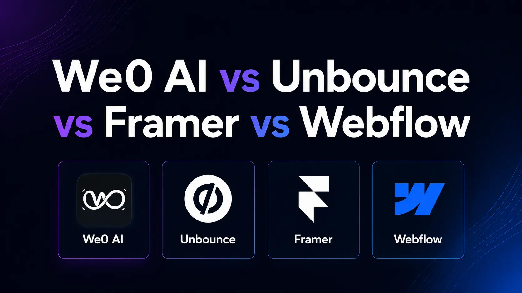 La imagen muestra una comparación de cuatro herramientas de creación de sitios web de captación de clientes con IA: We0 AI, Unbounce, Framer y Webflow. El fondo es un degradado azul oscuro con adornos lineales. En la parte superior de la imagen, aparece en letras grandes «We0 AI vs Unbounce vs Framer vs Webflow», y debajo de cada nombre de herramienta se muestran sus iconos característicos, como el símbolo «∞» de We0 AI, la «U» de Unbounce, la «F» de Framer y la «W» de Webflow. Esta imagen se corresponde con el contenido del documento que compara estas cuatro herramientas, presentando visualmente los objetos de comparación.