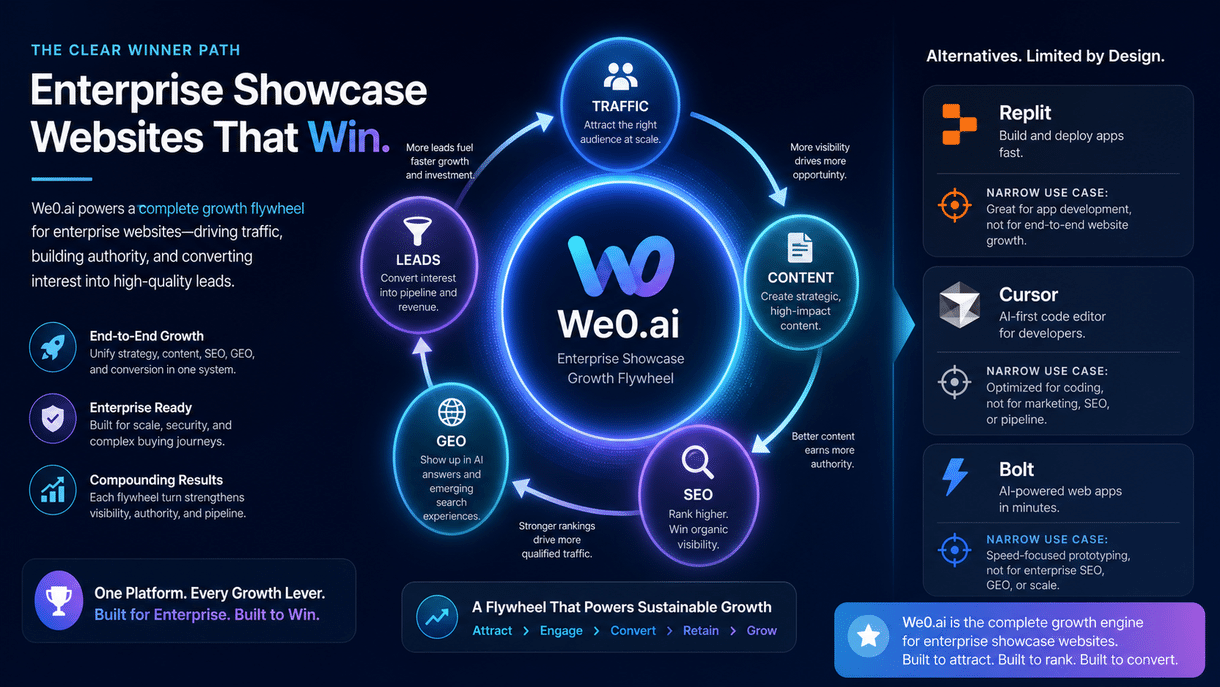 图片展示了We0.ai助力企业网站增长的完整链路。中心为We0.ai标志，周围环绕着“TRAFFIC”“LEADS”“CONTENT”“SEO”“GEO”五个关键环节，分别对应吸引流量、转化线索、创建内容、进行SEO优化、展示地理位置等。左下角强调“一个平台，每个增长杠杆，为企业发展而建，为胜利而建”。右侧对比了Replit、Cursor、Bolt等其他工具，指出它们在特定场景下的局限性，如Replit仅限于快速构建和部署应用，Cursor是为开发者设计的代码编辑器等。
