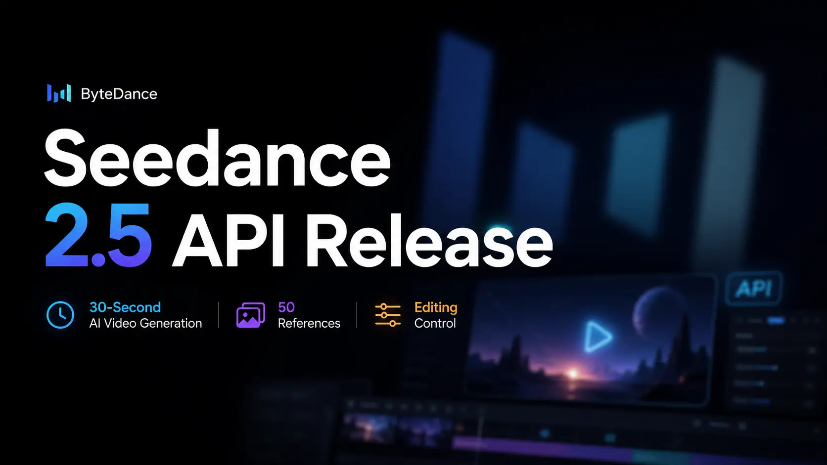 图片为ByteDance Seedance 2.5 API发布宣传图。背景为深色，左侧有ByteDance标志及“Seedance 2.5 API Release”大字，下方以图标形式标注“30-Second AI Video Generation”“50 References”“Editing Control”。右侧显示电脑屏幕，画面中有播放按钮、视频帧等元素，屏幕右上角有“API”标识。该图与文档中介绍ByteDance Seedance 2.5 API开放信息的内容相契合，直观呈现了其新功能。