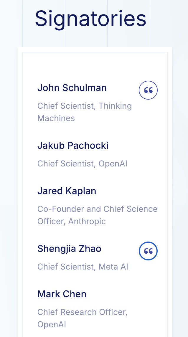 图片展示了“Pacing the Frontier”倡议的签署人名单。名单中包含John Schulman（Thinking Machines首席科学家）、Jakub Pachocki（OpenAI首席科学家）、Jared Kaplan（Anthropic联合创始人兼首席科学官）、Shengjia Zhao（Meta AI首席科学家）和Mark Chen（OpenAI首席研究官）。这些签署人均为来自不同前沿AI实验室的高级技术专家，如OpenAI、Anthropic、Meta等公司的关键人物，体现了该倡议在AI领域内的广泛影响力。