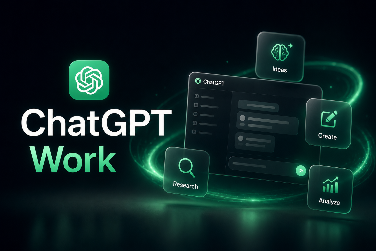 الصورة تظهر محتوى متعلقًا بـ ChatGPT Work. على اليسار شعار ChatGPT وعبارة "ChatGPT Work". على اليمين واجهة ChatGPT تعرض ثلاث وحدات وظيفية: "Research" و"Create" و"Analyze". في الأعلى وحدة "Ideas" تحتوي على أيقونة دماغ. هذه الصورة مرتبطة بمحتوى يشرح ChatGPT Work في المستند، وتقدم بصراحة وحداته الوظيفية، مع التأكيد على تطبيقاته في إنشاء المواقع الإلكترونية.