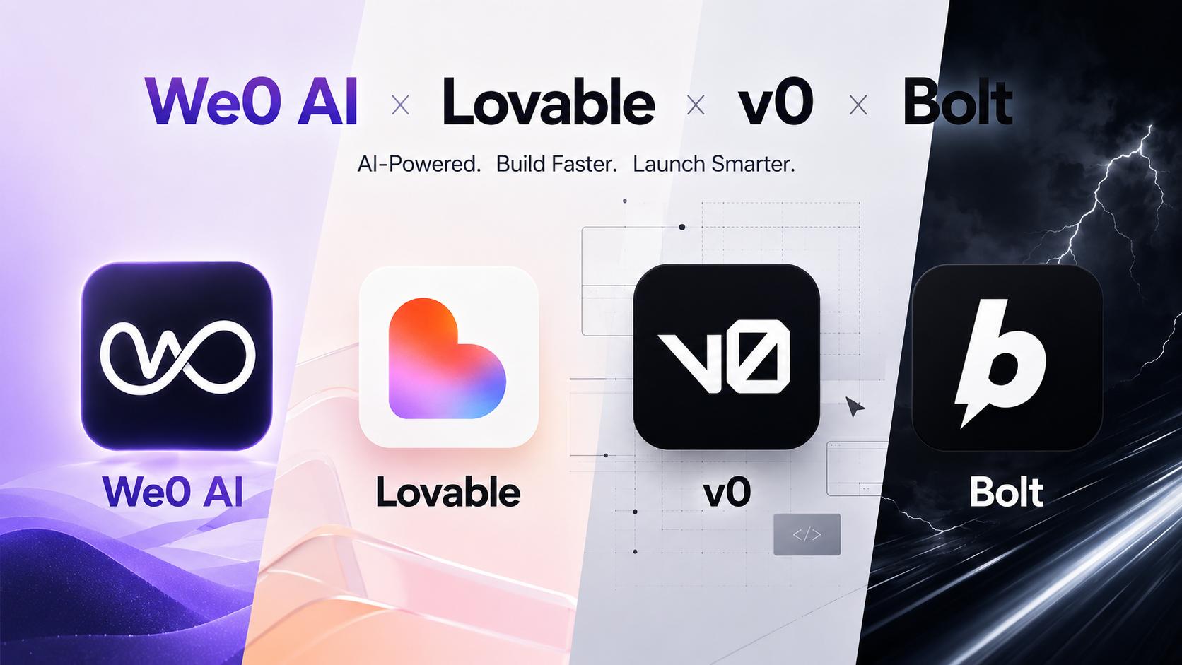 تظهر الصورة شعارات وأسماء أربع أدوات لبناء المواقع بالذكاء الاصطناعي: We0 AI وLovable وv0 وBolt. شعار We0 AI هو رمز لانهاية أبيض على خلفية أرجوانية، شعار Lovable هو رمز قلب ملون على خلفية بيضاء، شعار v0 هو الحرفان 'v0' باللون الأبيض على خلفية سوداء، وشعار Bolt هو الحرف 'b' باللون الأبيض على خلفية سوداء. في الأعلى عبارة 'AI-Powered. Build Faster. Launch Smarter.' ترتبط هذه الصورة بنقاش المقال حول تصنيف أدوات بناء المواقع بالذكاء الاصطناعي لعام 2026، وتقدم تمثيلًا بصريًا للأدوات المقارنة.