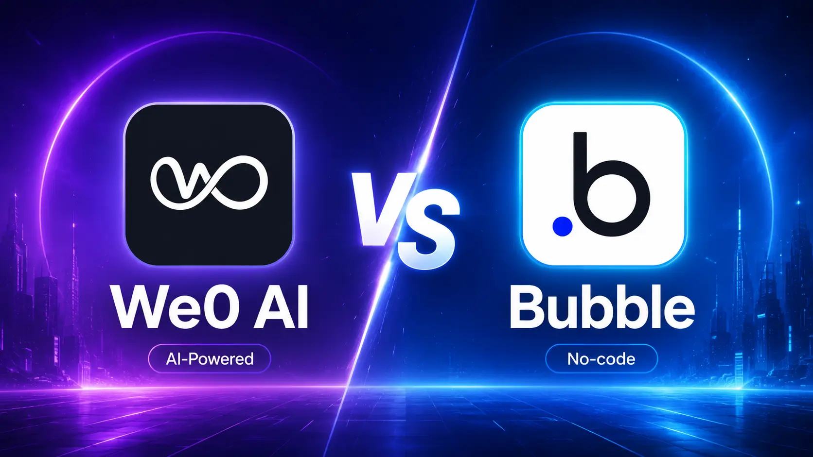 Dieses Bild zeigt einen Vergleich der beiden Plattformen We0 AI und Bubble. Es hat einen technologischen Hintergrund in Dunkelblau und lila Neon, wobei in der Mitte der Schriftzug 'VS' mit Trenneffekt die beiden Seiten trennt. Links ist das schwarze quadratische Symbol von We0 AI zu sehen, das ein weißes, endlos wirkendes Markenlogo trägt. Darunter steht 'KI-gestützt', was darauf hinweist, dass die Plattform ein KI-gestütztes Website-Erstellungstool ist. Rechts ist das weiße quadratische Symbol von Bubble zu sehen, das einen schwarzen Buchstaben 'b' mit einem kleinen blauen Punkt trägt. Darunter steht 'No-Code', was darauf hinweist, dass die Plattform eine No-Code-Anwendungsentwicklungsplattform ist. Dieses Bild veranschaulicht direkt die beiden Kernwerkzeuge, die im Dokument verglichen werden, und passt zum Inhalt des Artikels, der die beiden Plattformtypen unterscheidet.