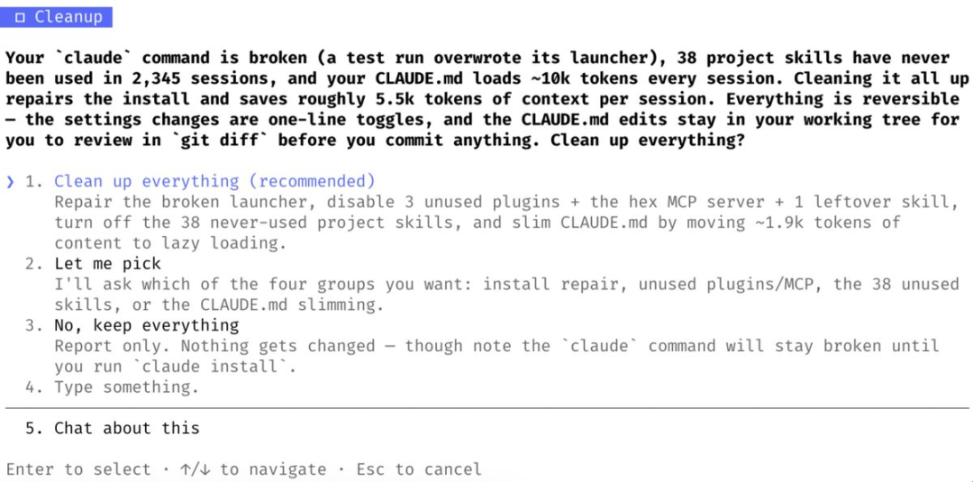 图片展示了Claude Code的/checkup功能在清理操作时的界面。界面中列出“Clean up everything”（推荐）、“Let me pick”、以及“No, keep everything”三个选项，分别对应修复错误、选择清理内容、仅报告不清理内容。还提示用户在“git diff”前查看更改，以及输入选择项等操作说明。该图片与文档中介绍的Claude Code/checkup功能流程紧密相关，直观呈现了清理操作的三种选择方式。