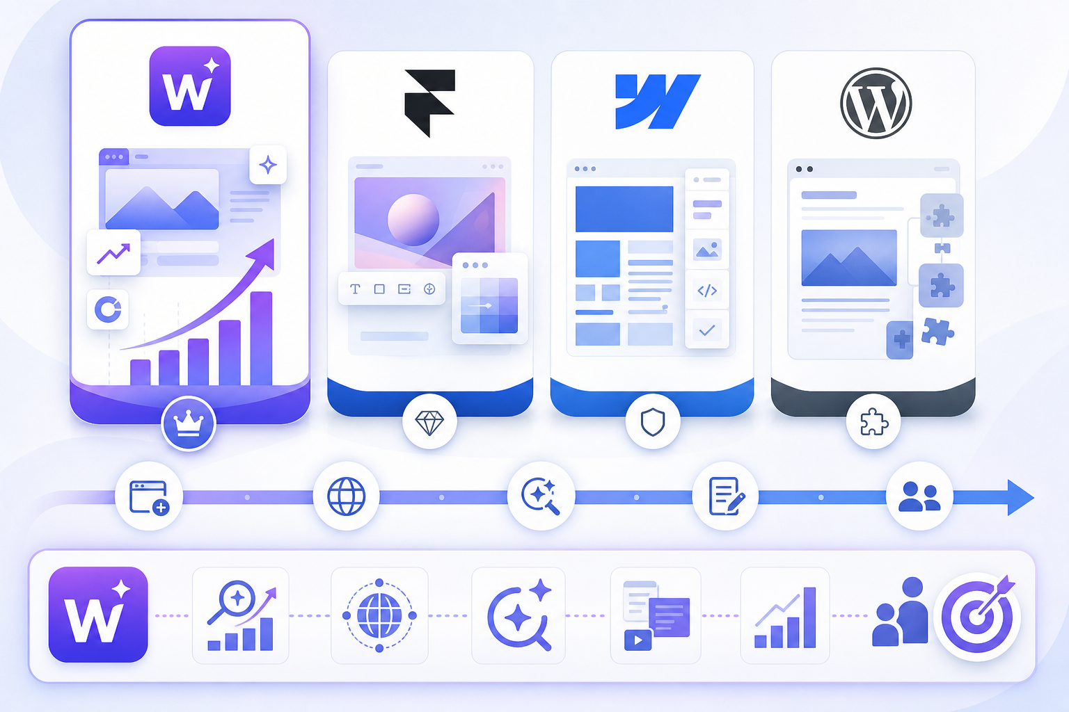 الصورة تعرض أيقونات وأشكالًا توضيحية لأربع أدوات لإنشاء المواقع: We0 AI وFramer وWebflow وWordPress. أسفل أيقونة We0 AI توجد رسوم بيانية وتاج، وأسفل أيقونة Framer توجد أشكال ماسية، وأسفل أيقونة Webflow توجد دروع، وأسفل أيقونة WordPress توجد غيوم. كما يوجد في الأسفل مخطط تدفق يتكون من أيقونات وأسهم: موقع، عالم، بحث، محتوى، بيانات، أشخاص، هدف. ترتبط هذه الصورة بمحتوى المقال حول تصنيف أدوات إنشاء المواقع الصديقة للذكاء الاصطناعي لعام 2026، وتعرض خصائص كل أداة بشكل مرئي.