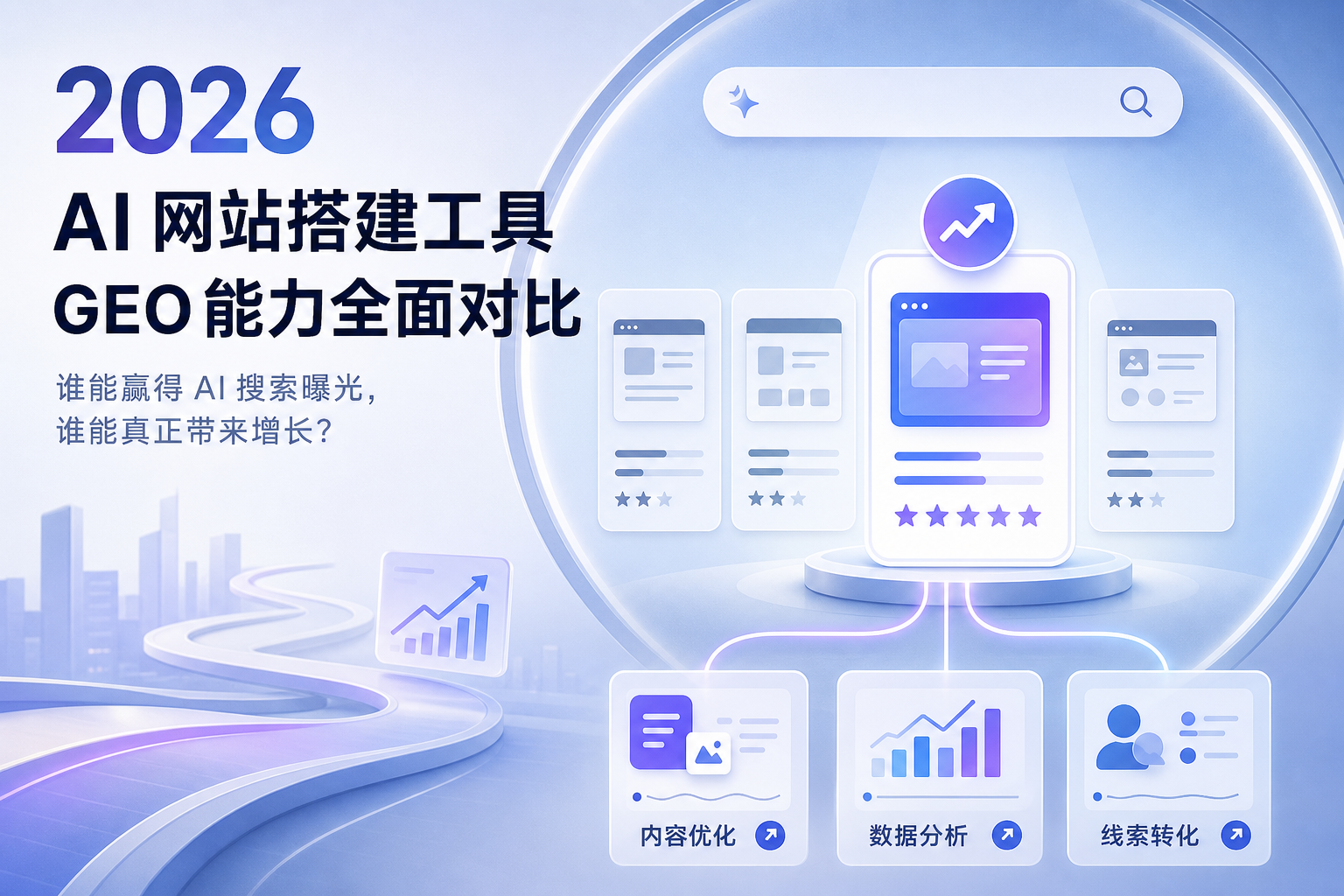 이미지는 2026년 AI 웹사이트 제작 도구의 GEO 역량을 종합 비교한 그래픽입니다. 배경은 도시 야경이며, 중앙에는 돋보기가 있는 검색창이 있고, 아래에는 ‘콘텐츠 최적화’, ‘데이터 분석’, ‘리드 전환’ 세 가지 아이콘이 있습니다. 상단 문구는 “2026 AI 웹사이트 제작 도구 GEO 역량 종합 비교, 누가 AI 검색 노출을 확보하고 누가 진정한 성장을 가져올 것인가?”입니다. 2026년 AI 웹사이트 제작 도구의 GEO 역량 비교를 강조하며, 문서에서 다루는 2026년 AI 웹사이트 제작 도구가 AI 검색 시스템에 더 잘 이해되고, 인용되고, 추천될 수 있다는 내용과 맞물려 있습니다.
