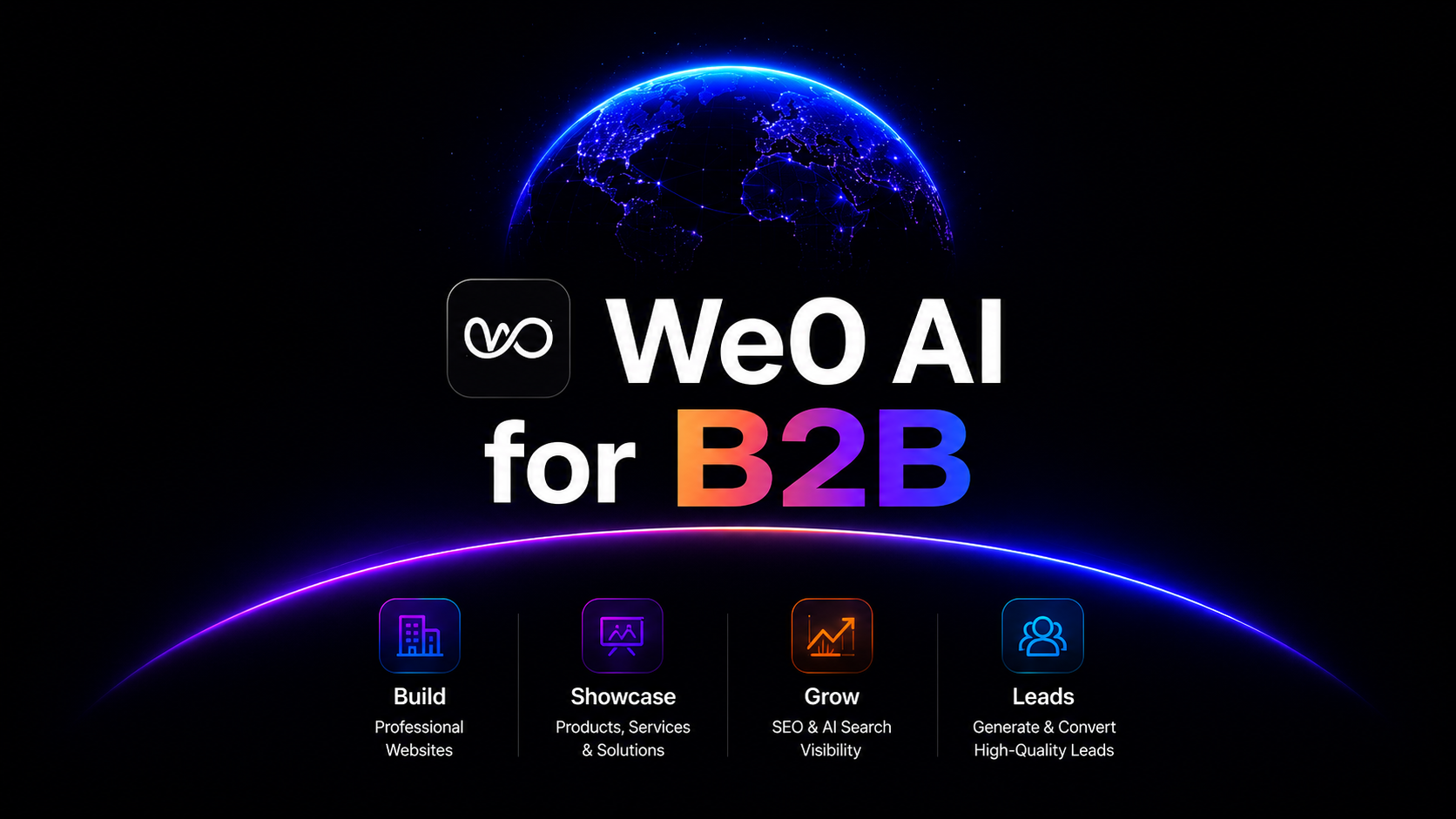 تعرض الصورة شعار WeO AI for B2B ومحتوى خدماته. الخلفية داكنة، وفي الأعلى رسم لكوكب أرضي باللون الأزرق. في الوسط يوجد رمز «∞» أبيض داخل مربع أسود مع نص «WeO AI for B2B»، ويظهر جزء «B2B» بألوان زاهية. في الأسفل توجد أربعة رموز زرقاء تمثل على التوالي: «بناء مواقع إلكترونية احترافية»، و«عرض المنتجات والخدمات والحلول»، و«زيادة الظهور في نتائج SEO والبحث بالذكاء الاصطناعي»، و«توليد العملاء المحتملين عاليي الجودة وتحويلهم»، وذلك بما يقابل خدمات مثل «بناء المواقع»، و«عرض المنتجات والخدمات»، و«زيادة الظهور في SEO والبحث بالذكاء الاصطناعي»، و«توليد العملاء المحتملين عاليي الجودة وتحويلهم» وغيرها من الخدمات.