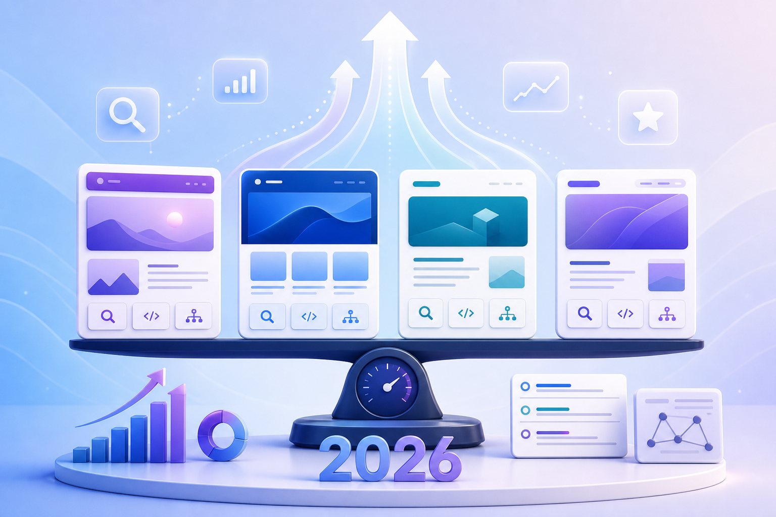 Immagine che mostra il confronto degli strumenti di creazione siti AI nel 2026. La scena presenta quattro schermi che mostrano diverse interfacce web, con la scritta "2026" sotto. Sopra gli schermi ci sono icone come lente d'ingrandimento, grafici, stelle, che rappresentano diverse funzionalità. Nella parte inferiore ci sono grafici a barre, istogrammi, linee. La palette cromatica generale è blu-viola, con sfondo sfumato. L'immagine è strettamente correlata al contesto e mostra visivamente lo scenario di confronto degli strumenti di creazione siti AI nel 2026 in termini di SEO, AEO, GEO, crescita dei contenuti, conversione lead.