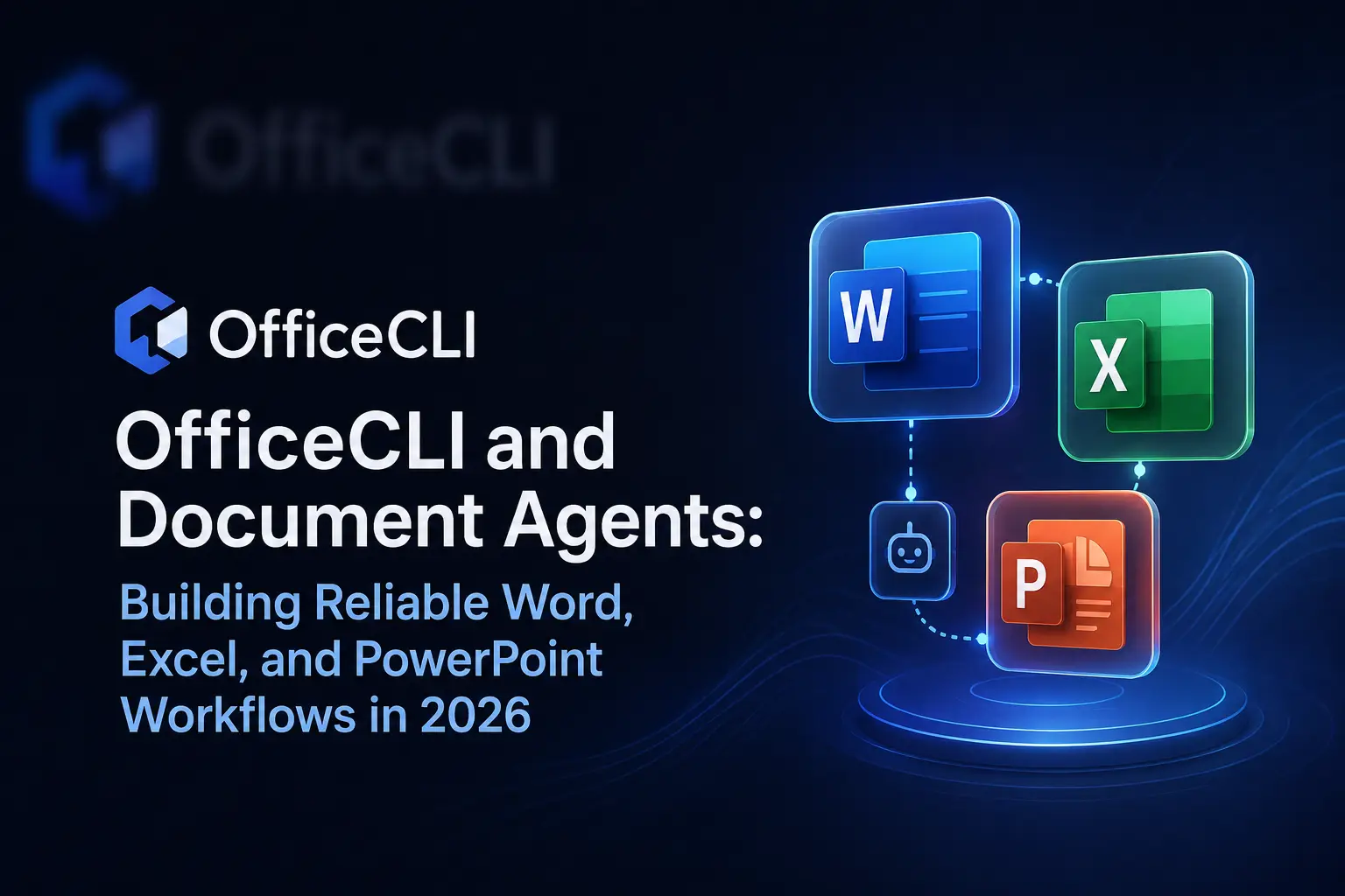 Das Bild ist eine Werbegrafik für OfficeCLI und Dokument-Agenten mit einem dunkelblauen Farbverlauf im Hintergrund und dem OfficeCLI-Logo oben links. Dargestellt sind die Symbole für Word, Excel und PowerPoint, die durch blaue Linien miteinander verbunden sind; auf den Linien befindet sich ein Robotersymbol als Sinnbild für KI-Technologie. Darunter steht der Text „OfficeCLI and Document Agents: Building Reliable Word, Excel, and PowerPoint Workflows in 2026“, der den Aufbau zuverlässiger Workflows im Jahr 2026 hervorhebt. Das Bild passt inhaltlich zu der Beschreibung im Dokument, dass OfficeCLI und Dokument-Agenten zuverlässige Dokument-Workflows für Word, Excel und PowerPoint unterstützen.