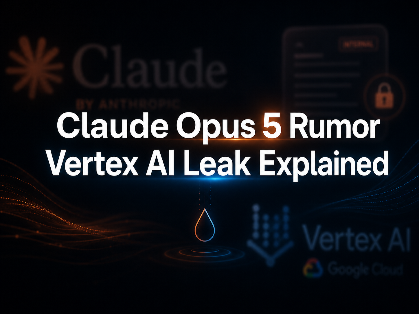 This image is an illustrative cover for rumors surrounding Claude Opus 5, featuring a dark background. Visual elements include the Claude brand logo from Anthropic, content labeled with "Vertex AI" and the Google Cloud logo, along with a lock icon representing private data, complemented by tech-inspired glowing lines and droplet-shaped luminous patterns. The core text in the image reads "Claude Opus 5 Rumor Vertex AI Leak Explained," directly corresponding to the theme of leaked information about Claude Opus 5 discussed in the document, aligning with the relevant title and content direction mentioned.