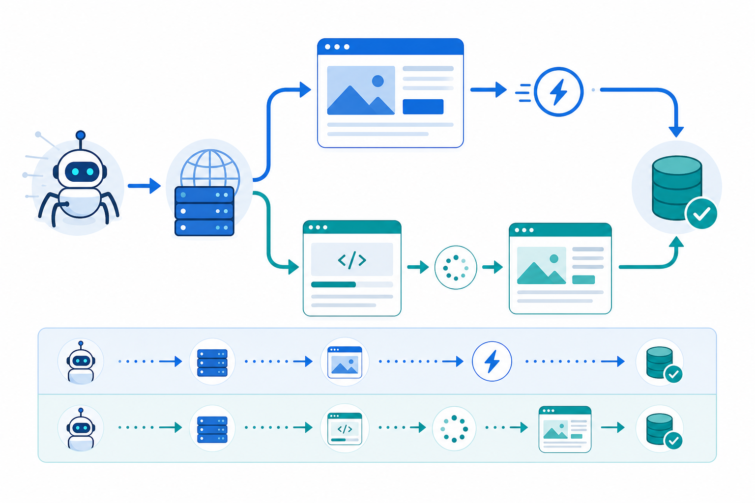 Dieses Bild zeigt zwei Wege, wie Suchmaschinen Webseiten crawlen, entsprechend dem Crawling- und Indexierungsprozess für JavaScript-Seiten. Der obere Hauptprozess ist der übliche Pfad, bei dem der Suchmaschinen-Crawler zuerst den Server besucht. Handelt es sich um eine normale Webseite, wird sie direkt gecrawlt, gerendert und in der Datenbank gespeichert; handelt es sich um eine Seite mit Code, wird der Code zuerst analysiert, bevor das Crawling abgeschlossen wird. Die beiden vereinfachten Prozesse unten zeigen die vollständigen Indexierungspfade für normale statische Seiten bzw. Seiten mit Code, die beide mit dem Crawlen der Seite durch den Server, der Verarbeitung, der Speicherung in der Datenbank und der Markierung als indexierbar enden, und veranschaulichen klar den Prozess, wie verschiedene Seitentypen erfolgreich von Suchmaschinen indexiert werden.