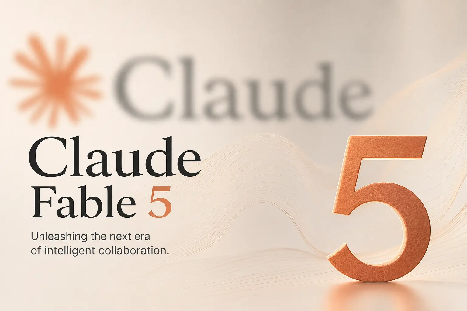 A imagem mostra uma peça promocional do Claude Fable 5. O fundo tem um gradiente claro, com um padrão laranja semelhante a um girassol no lado esquerdo. No centro da imagem, o texto em destaque “Claude Fable 5” apresenta o “5” como um número tridimensional laranja, enquanto o restante do texto é preto. O slogan em inglês abaixo, “Unleashing the next era of intelligent collaboration.”, indica que ele dará início a uma nova era de colaboração inteligente. A imagem está relacionada ao conteúdo do documento que apresenta o Claude Fable 5 e pode ser o design de capa mencionado no “SEO Cover Brief” citado no documento.