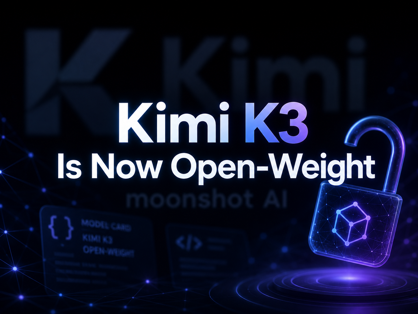 This image is a promotional visual for Moonshot AI's release of the Kimi K3 large model, featuring a deep dark background with a purple-blue tech-style design. The center prominently displays the white text "Kimi K3 Is Now Open-Weight," with a semi-transparent "Kimi" logo above and the brand name "moonshot AI" below. On the right side, there is a glowing purple tech-style padlock icon, with geometric node-connecting patterns on its surface, floating on a platform with a light ring, surrounded by dotted light trails. On the left side, there is a model card with code symbols, highlighting the open-weight nature of this 2.8T-parameter frontier model.