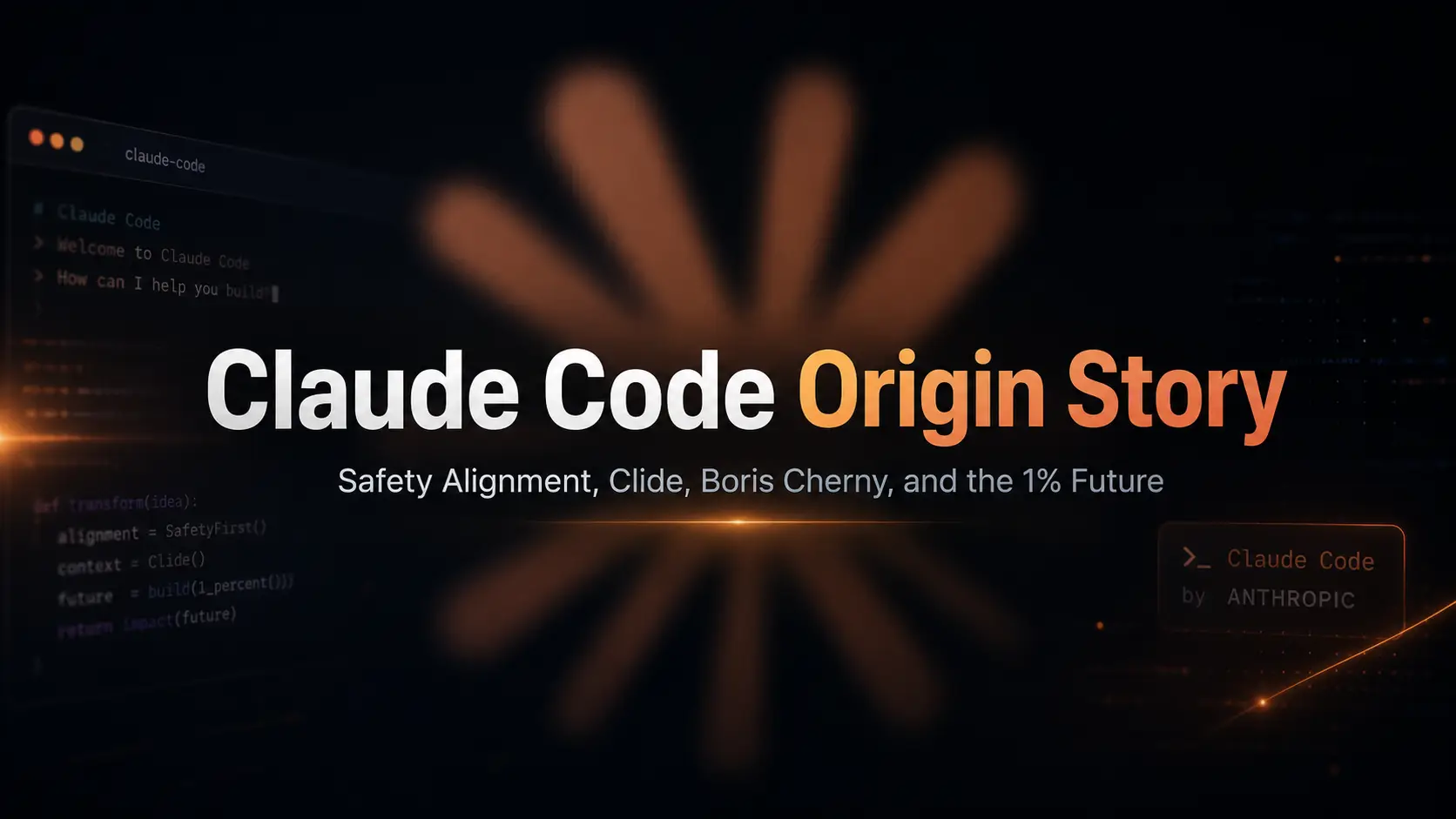Imagem da capa da história de origem do Claude Code, com fundo em estilo tecnológico escuro. À esquerda, uma janela de terminal exibindo código; à direita, o título 'Claude Code Origin Story', onde 'Origin' e 'Story' estão em laranja, e abaixo o subtítulo 'Safety Alignment, Clide, Boris Cherny, and the 1% Future'. No canto inferior direito, a identificação 'Claude Code by ANTHROPIC'. A imagem está relacionada ao conteúdo do documento que apresenta a história de origem do Claude Code, servindo como capa para atrair a atenção dos leitores e destacar o tema da narrativa.