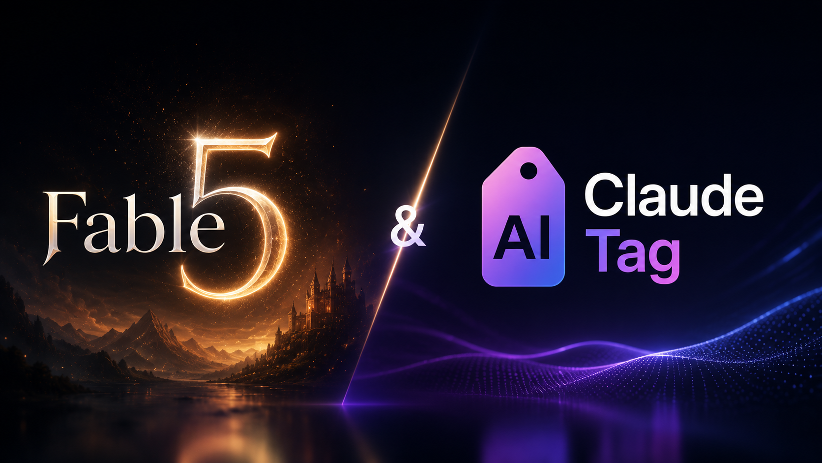 تعرض الصورة محتوى مرتبطاً بـ Fable 5 وClaude Tag. على الجانب الأيسر يظهر النص الكبير «Fable 5» باللون الذهبي، مع خلفية من جبال برتقالية ونهر يضفيان أجواءً غامضة. وعلى الجانب الأيمن تظهر شارة «AI Tag» على خلفية بنفسجية، حيث تظهر «AI» باللون الأبيض و«Tag» باللون البنفسجي، وبجوارها كلمة «Claude». تتناغم الصورة مع المحتوى الذي يعرّف بـ Fable 5 وClaude Tag في المستند، وتعرض بشكل مباشر الهويتين البصريتين لأداتي الذكاء الاصطناعي، بما يوفر دعماً بصرياً لموضوع المقال.