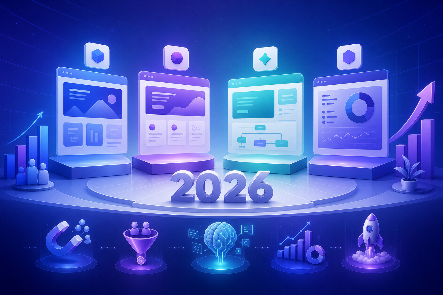 تُظهر الصورة مشهدًا متعلقًا بالذكاء الاصطناعي والتسويق في عام 2026. في وسط الصورة عبارة "2026"، وتحيط بها أربع منصات تحتوي على أيقونات ورسوم بيانية مختلفة، تمثل أدوات التسويق بالذكاء الاصطناعي. يوجد في الأسفل أيقونات تمثل الذكاء الاصطناعي، ومسارات التحويل، والصواريخ، والرسوم البيانية، مما يرمز إلى تطبيقات الذكاء الاصطناعي في مجال التسويق. الخلفية زرقاء داكنة، مما يخلق جوًا تقنيًا. تتناغم الصورة مع محتوى المستند حول مقارنة أدوات التسويق بالذكاء الاصطناعي في عام 2026، وتُظهر بشكل واضح اتجاهات التسويق المستقبلية التي يناقشها المستند.