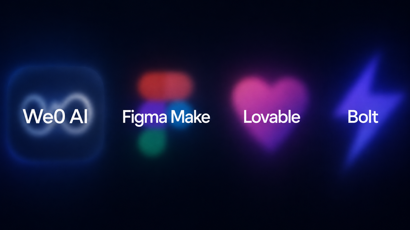 图片展示了We0 AI、Figma Make、Lovable、Bolt四个工具的标志。We0 AI标志为蓝色渐变的椭圆形,内有白色“∞”符号;Figma Make标志由红、绿、蓝三色组成;Lovable标志为紫色心形;Bolt标志为蓝色闪电。这些标志位于文档介绍四个企业官网工具场景适用性部分,直观呈现了各工具的视觉标识,与上下文对各工具场景适用性的说明相呼应。