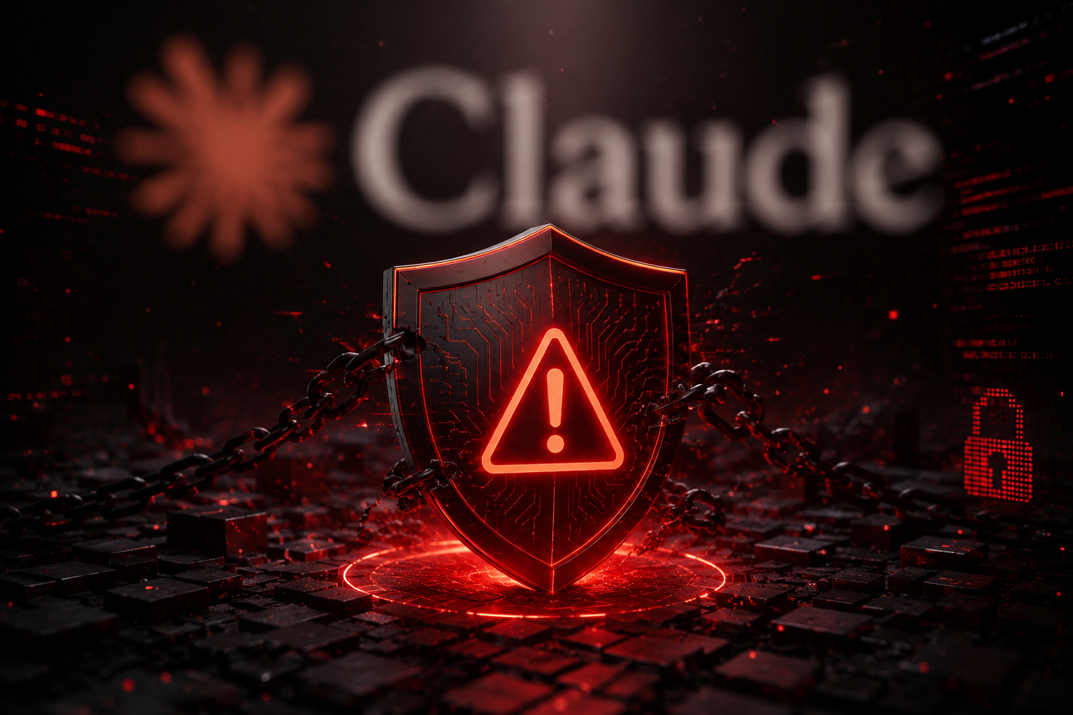 This image centers on the security theme of Claude Code. The core visual element is a shield with a glowing red warning exclamation mark, bound by black chains. Beneath the shield is a red halo effect. In the background, a blurred “Claude” wordmark and a starburst-like symbol are visible, while on the right side of the image there is also a pixel-style red padlock. The overall composition uses a dark red-and-black contrasting palette, directly echoing the security risks Claude Code, as an AI coding tool, must confront in enterprise use, aligning closely with the core message of the document title, “Claude Code Security Concerns: Why AI Coding Tools Need Enterprise Trust.”