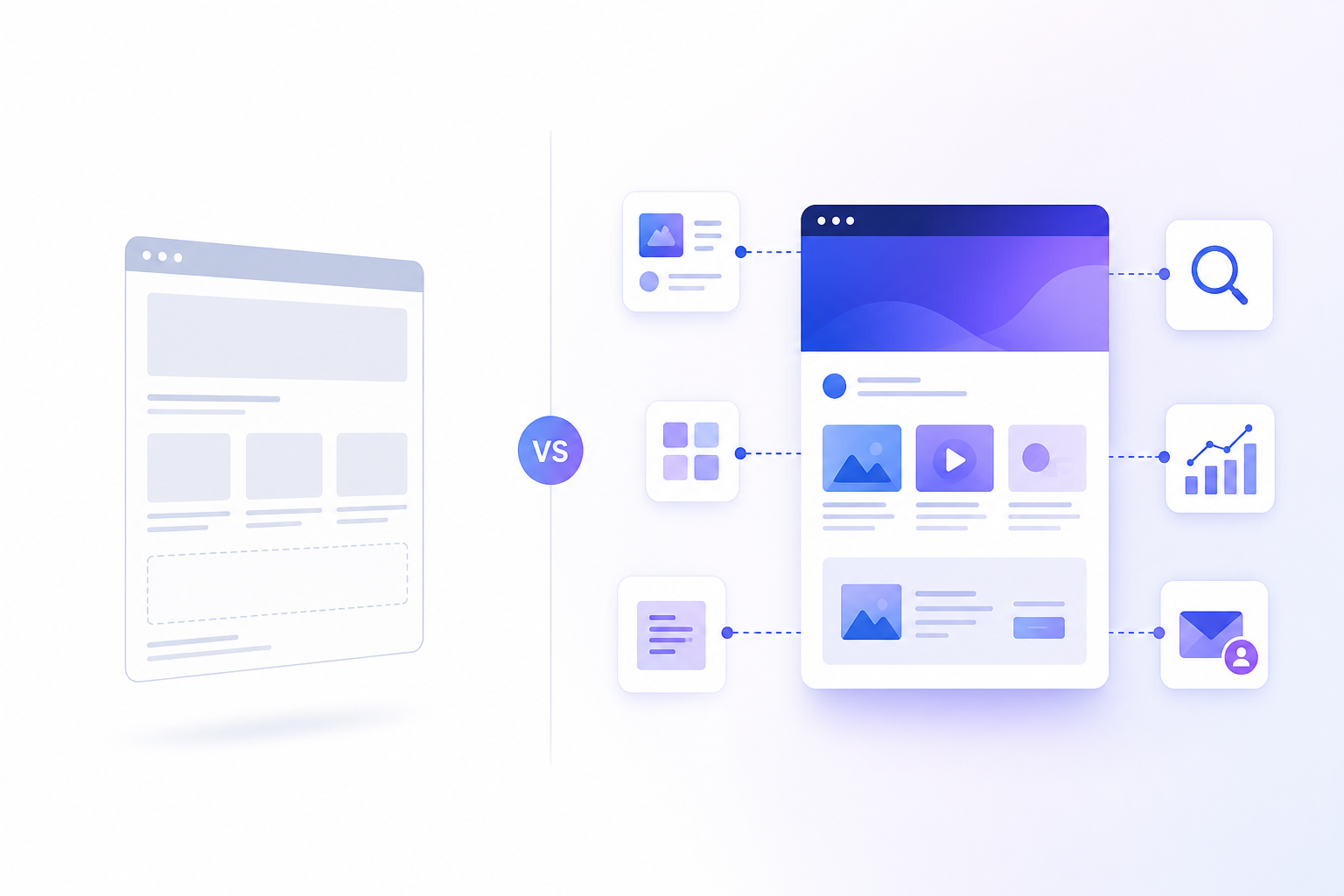 图片展示了普通AI Website Builder与We0 AI的对比。左侧为普通AI Website Builder，呈现单一网页界面。右侧是We0 AI，包含多元素，如图片、视频、图表、数据图表、邮件等，还配有放大镜图标，代表搜索功能。两者以“VS”标识对比，突出We0 AI在内容结构、SEO/GEO、后续增长等方面的优势，与文档中介绍的普通AI Website Builder与We0 AI差异内容相呼应。