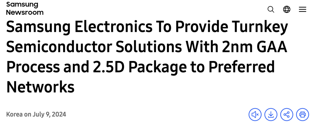 الصورة لعنوان خبر منشور في Samsung Newsroom بعنوان “Samsung Electronics To Provide Turnkey Semiconductor Solutions With 2nm GAA Process and 2.5D Package to Preferred Networks”، بتاريخ 9 يوليو 2024، في منطقة كوريا. ترتبط الصورة بما ورد في الوثيقة حول مناقشة Anthropic مع سامسونغ تصنيع شرائح ذكاء اصطناعي، إذ تشير الوثيقة إلى أن Anthropic قد تكون تقيّم مزيج التصنيع والتغليف القائم على عملية GAA بدقة 2 نانومتر وتقنية تغليف 2.5D من سامسونغ. وهذا العنوان الإخباري هو بالضبط ما أعلنته سامسونغ في 9 يوليو 2024 بشأن حل أشباه موصلات بالتعاون مع Preferred Networks، ويتضمن عملية GAA بدقة 2 نانومتر وتغليف 2.5D، بما ينسجم مع محتوى السياق.