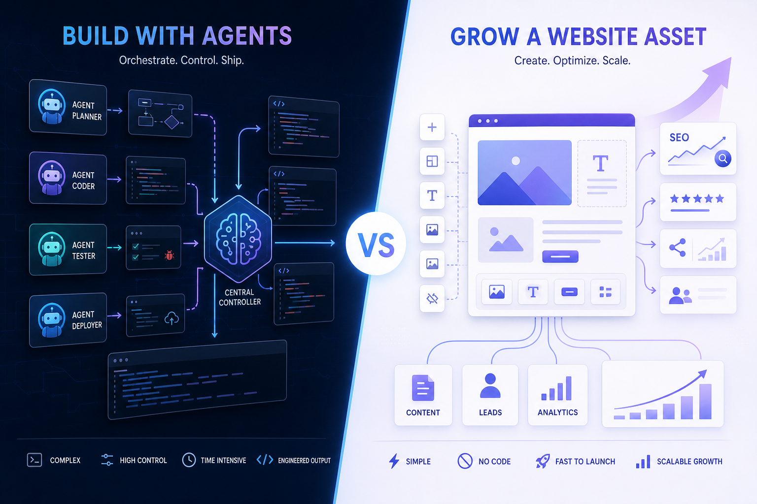 The image shows a comparison between Codex Micro and We0 AI. The left side is titled "Build with Agents," emphasizing complex, high control, time-consuming, engineering-focused output, showing processes like Agent Planner, Agent Coder, Agent Tester, Agent Deployer, and a Central Controller. The right side is titled "Build a Website Asset," highlighting simplicity, no-code required, fast launch, scalable growth, presenting elements like content, leads, and analytics. Through this comparison, the image intuitively showcases the different characteristics of the two.