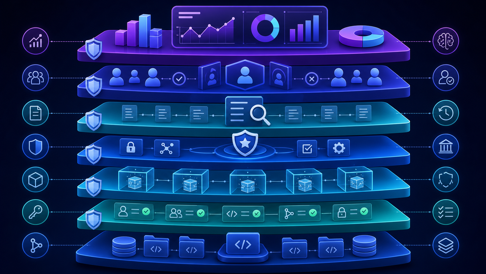 The image shows a layered architecture for enterprise data security. At the bottom is data storage, with icons for databases, files, and more. The second layer is data access control, with icons such as locks and keys. The third layer is data encryption, with icons such as shields and locks. The fourth layer is data transmission security, also with icons such as shields and locks. The fifth layer is data access auditing, with icons such as users and locks. The sixth layer is data access control, with icons such as users and locks. At the top is data visualization, with icons such as charts. This image relates to the content of Layers 3 through 5 in the document and visually presents the function of each layer.