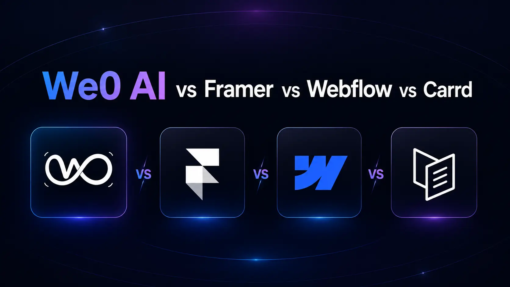 Das Bild zeigt einen Vergleich von Website-Buildern für Start-ups im Jahr 2026 unter dem Thema „We0 AI vs Framer vs Webflow vs Carrd“. Zu sehen sind die Symbole und Namen der vier Tools jeweils in blauen Kacheln, von links nach rechts: We0 AI, Framer, Webflow und Carrd. Unter jedem Symbol befindet sich die Kennzeichnung „vs“, die auf den Vergleich zwischen den Tools hinweist. Das Bild befindet sich am Anfang des Dokuments und veranschaulicht direkt die vier Website-Builder, die im Dokument verglichen werden, als Einstieg in den anschließenden detaillierten Vergleich.