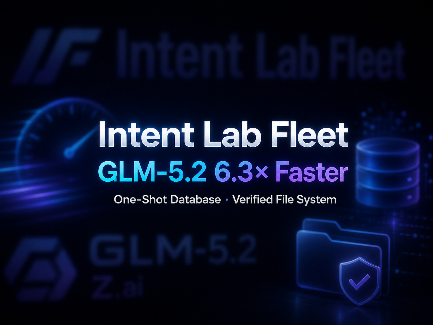 Das Bild zeigt das Werbematerial für Intent Lab Fleet. Der Hintergrund ist dunkel und enthält unscharfe Elemente wie das Intent Lab Fleet-Logo und einen Tachometer. Im Vordergrund werden 'Intent Lab Fleet' und 'GLM-5.2 6.3× Faster' hervorgehoben, darunter befindet sich die Erklärung 'One-Shot Database · Verified File System'. In der unteren linken Ecke befinden sich die Logos von Z.ai und GLM-5.2, in der unteren rechten Ecke ein Ordnersymbol mit Schild und Häkchen. Das Bild steht im Zusammenhang mit dem Inhalt über Intent Lab Fleet im Dokument und veranschaulicht dessen technische Highlights.