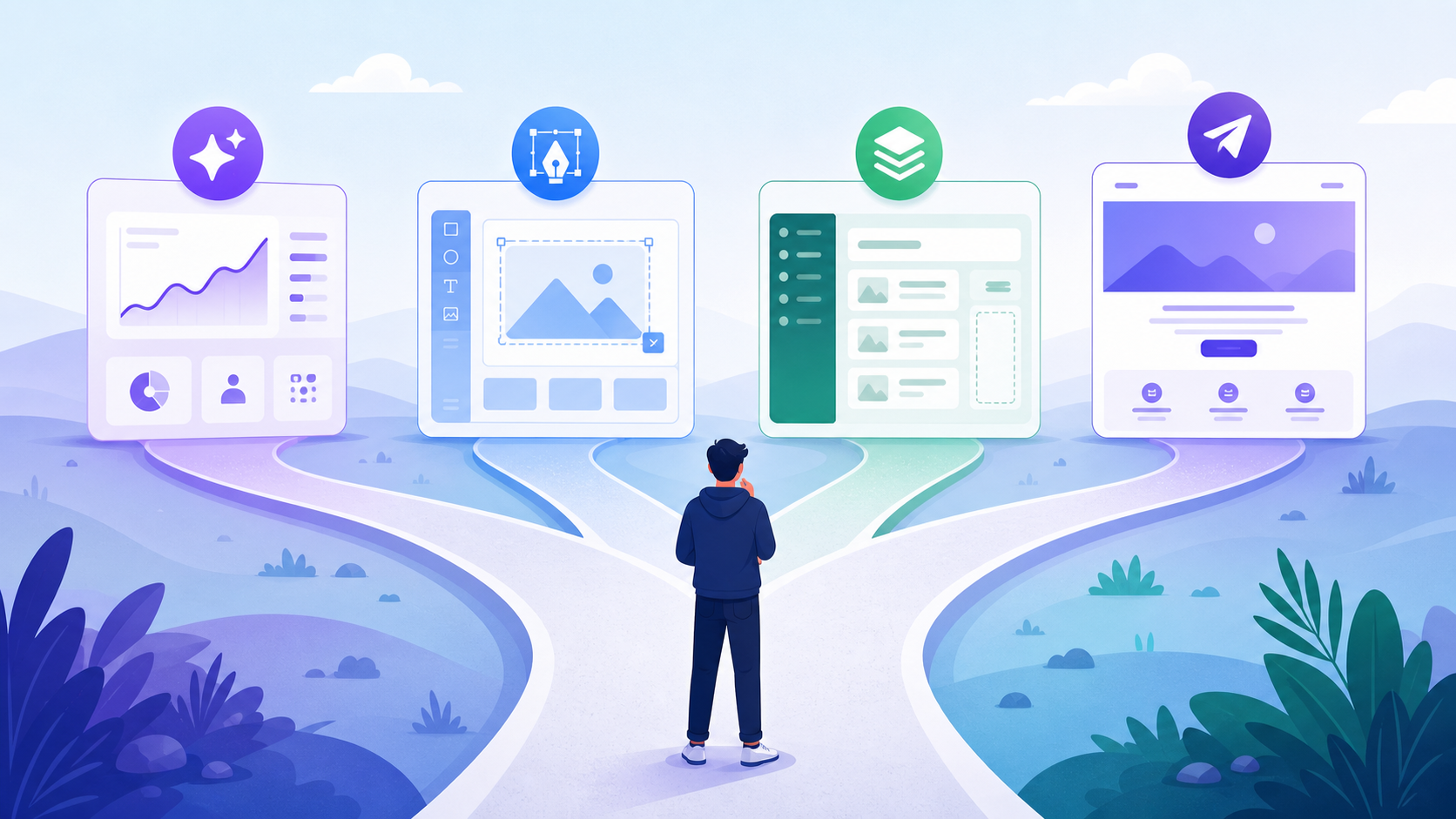تعرض الصورة أربعة مسارات متفرعة، يمثل كل منها أداة من أدوات إنشاء المواقع: We0 AI وFramer وWebflow وCarrd. وبجانب كل مسار تظهر أيقونة الأداة ووصف مختصر لها. أيقونة We0 AI باللون البنفسجي، وتوضح أنه أداة إنشاء مواقع مدعومة بالذكاء الاصطناعي؛ وأيقونة Framer باللون الأزرق، مع التركيز على كونه أداة تصميم؛ وأيقونة Webflow باللون الأخضر، بما يشير إلى أنه منصة لبناء مواقع الويب؛ وأيقونة Carrd باللون البنفسجي، وتوضح أنه أداة لإنشاء المواقع الشخصية. ترتبط الصورة بالسياق ارتباطًا وثيقًا، وتعرض بصريًا خصائص الأدوات الأربع، مما يساعد على فهم اختلاف تموضعها في بناء المواقع.
