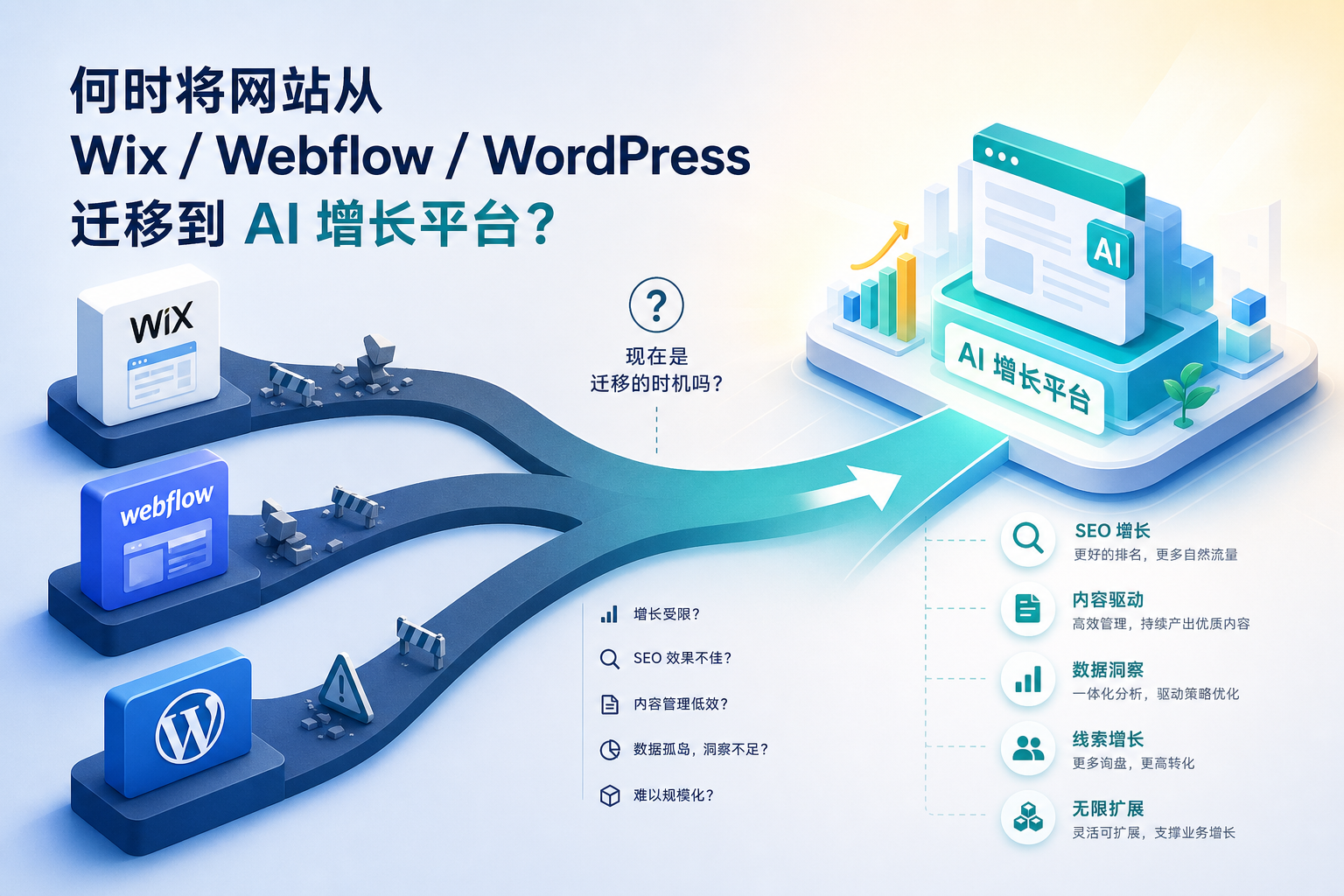 图片以“何时将网站从Wix/ Webflow/ WordPress迁移到AI增长平台?”为题,展示了从三个旧平台(Wix、Webflow、WordPress)迁移到AI增长平台的路径。左侧三个平台图标旁有问号,提示迁移时机。右侧AI增长平台图标旁列出SEO增长、内容驱动、数据洞察、线索增长、无限扩展等优势。该图与文档中关于网站迁移决策的内容相呼应,直观呈现迁移方向及平台优势。
