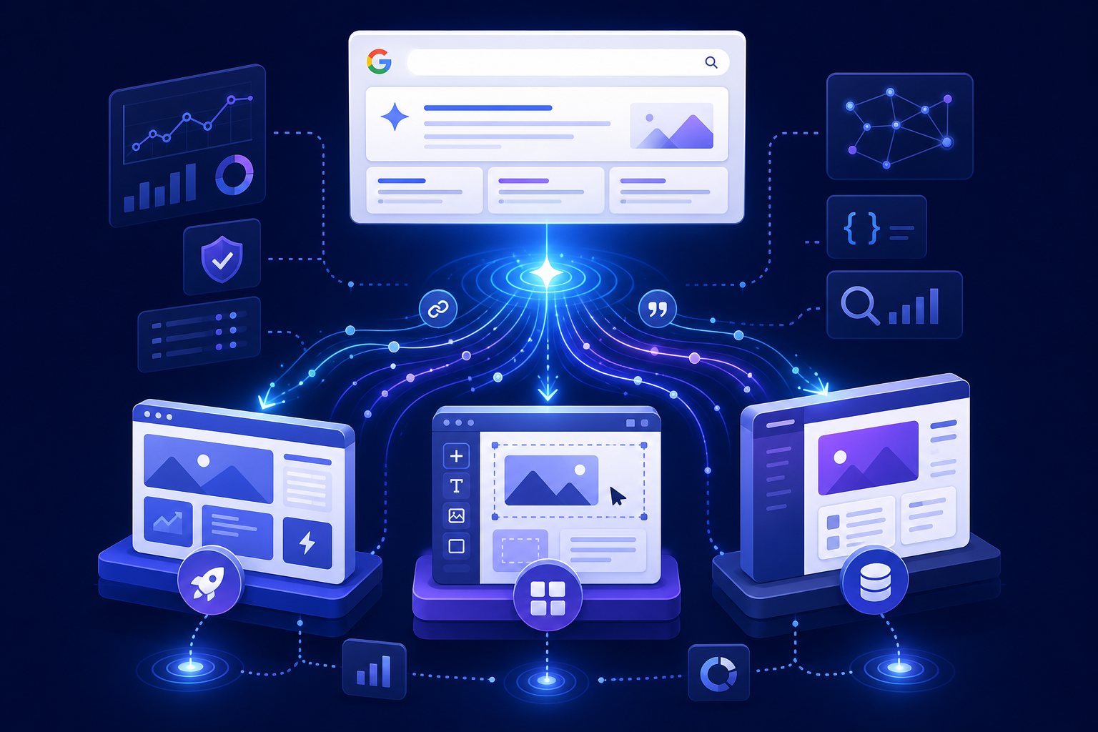 图片展示了Google AI Search信号流向三类网站系统的情景。画面中心是带有搜索框的Google界面，下方有三个显示不同内容的网页界面。从Google界面发出的光线，分别连接着网页界面、图表、代码、图表、数据集、代码、图表、代码、图表、代码、图表、代码、图表、代码、图表、代码、图表、代码、图表、代码、图表、代码、图表、代码、图表、代码、图表、代码、图表、代码、图表、代码、图表、代码、图表、代码、图表、代码、图表、代码、图表、代码、图表、代码、图表、代码、图表、代码、图表、代码、图表、代码、图表、代码、图表、代码、图表、代码、图表、代码、图表、代码、图表、代码、图表、代码、图表、代码、图表、代码、图表、代码、图表、代码、图表、代码、图表、代码、图表、代码、图表、代码、图表、代码、图表、代码、图表、代码、图表、代码、图表、代码、图表、代码、图表、代码、图表、代码、图表、代码、图表、代码、图表、代码、图表、代码、图表、代码、图表、代码、图表、代码、图表、代码、图表、代码、图表、代码、图表、代码、图表、代码、图表、代码、图表、代码、图表、代码、图表、代码、图表、代码、图表、代码、图表、代码、图表、代码、图表、代码、图表、代码、图表、代码、图表、代码、图表、代码、图表、代码、图表、代码、图表、代码、图表、代码、图表、代码、图表、代码、图表、代码、图表、代码、图表、代码、图表、代码、图表、代码、图表、代码、图表、代码、图表、代码、图表、代码、图表、代码、图表、代码、图表、代码、图表、代码、图表、代码、图表、代码、图表、代码、图表、代码、图表、代码、图表、代码、图表、代码、图表、代码、图表、代码、图表、代码、图表、代码、图表、代码、图表、代码、图表、代码、图表、代码、图表、代码、图表、代码、图表、代码、图表、代码、图表、代码、图表、代码、图表、代码、图表、代码、图表、