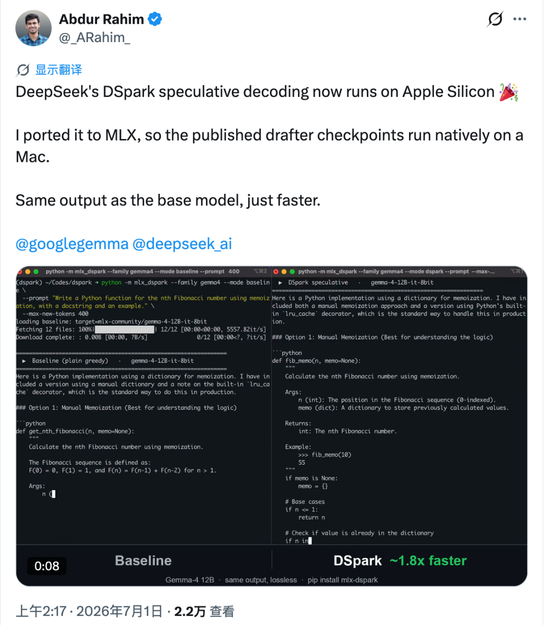图片展示的是 DeepSeek DSpark 在 Apple Silicon 上运行的推文。推文作者为 Abdur Rahim,内容提到 DSpark 的推测性解码现在可在 Apple Silicon 上运行,已将其移植到 MLX,发布的草稿检查点可在 Mac 上原生运行,输出与基础模型相同但速度更快。下方有 Gemma-4 12B 的基准线和 DSpark 运行对比图,显示 DSpark 运行速度比基准线快 1.8 倍。该图片与文档中介绍 DSpark 移植到 Apple Silicon 的内容相关,直观呈现了运行效果。
