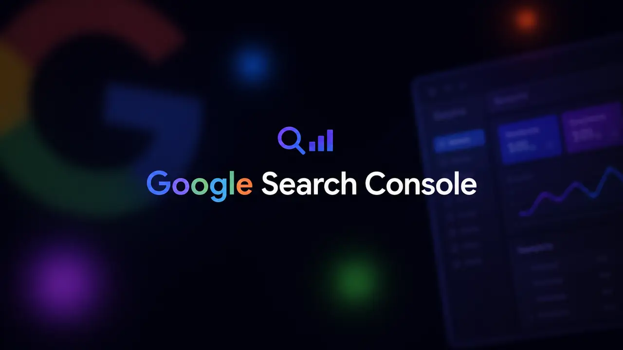 A simple SaaS-style horizontal cover page: Visible links between the corporate website page, Search Console data panel, and AI search result bubbles, conveying whether a website is visible to AI searches.