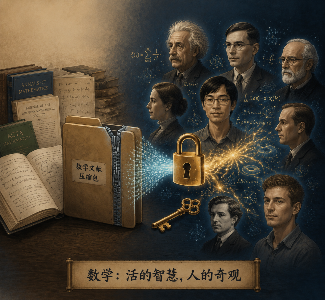 图片展示了一群数学家，背景为深蓝色，有数学公式和符号。前景中有一本打开的书，书上写着“数学文献压缩包”，旁边有锁和钥匙。画面下方有中文文字“数学：活的智慧，人的奇观”。图片与上下文紧密相关，上下文在探讨数学知识的存储与传承问题，图片通过形象化的方式，直观呈现了数学知识不仅存在于正式文本中，还存在于数学家的头脑中，强调数学是活的智慧，是人的奇观。