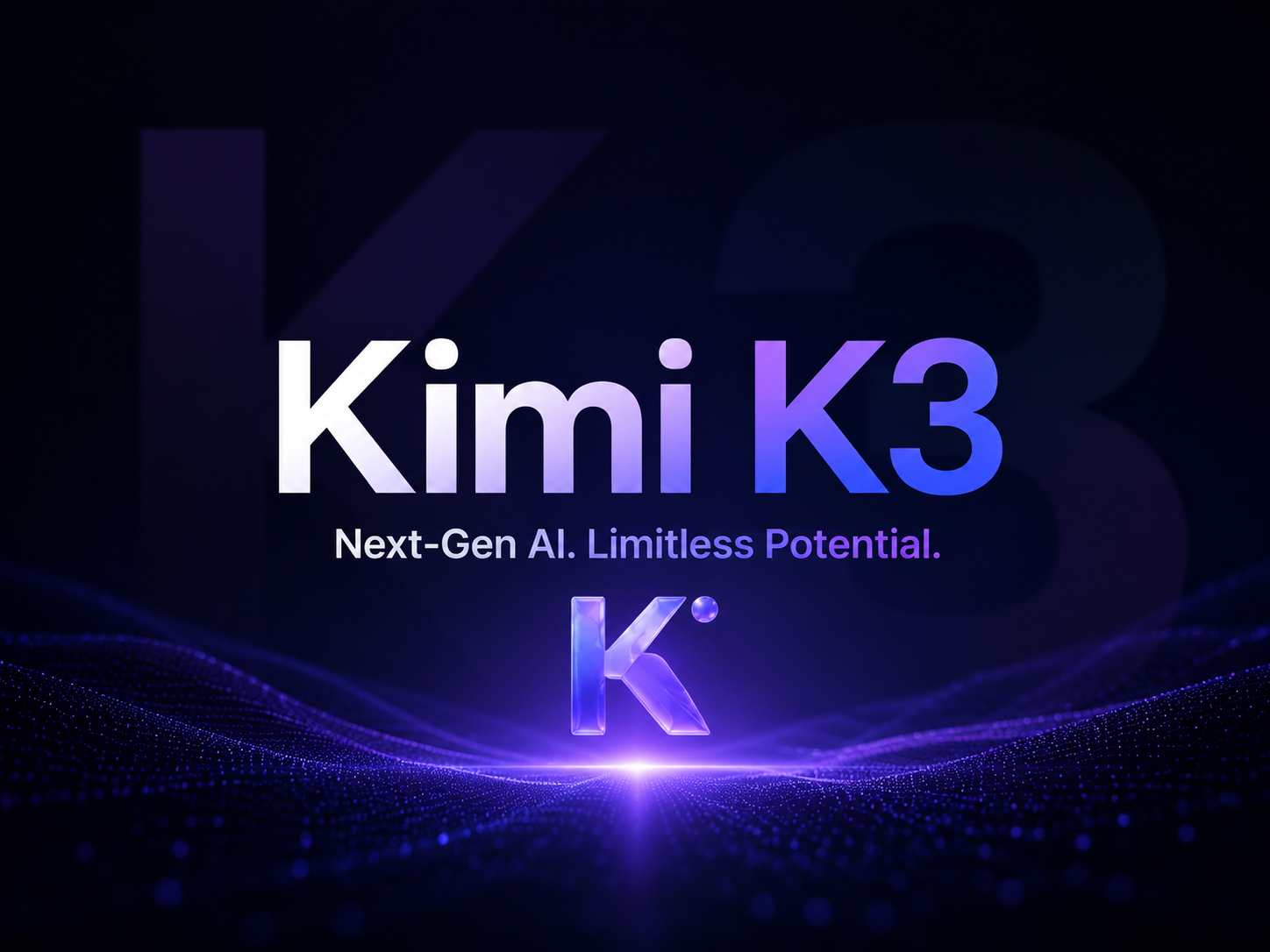 图片展示的是Kimi K3的宣传图,背景为深蓝色,带有紫色光效和粒子流动效果。图中大字“Kimi K3”居中,下方是“Next-Gen AI. Limitless Potential.”字样,底部有一个发光的紫色“K”标志。该图片位于文档开头部分,与上下文紧密相关,上下文在探讨Kimi K3拥有原生多模态和百万上下文后,能否替代We0.ai完成企业网站上线与运营,此图可能意在突出Kimi K3的先进性和潜力。