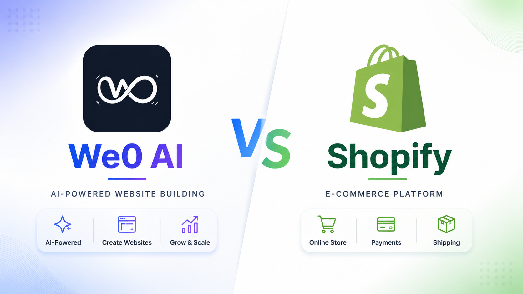 تُستخدم هذه الصورة للمقارنة بين منتجي We0 AI و Shopify، حيث يظهر We0 AI على اليسار، وهو أداة بناء مواقع إلكترونية مدعومة بالذكاء الاصطناعي، وتُبرز مزاياه الرئيسية بأيقونات ونصوص زرقاء فاتحة، وهي: مدعوم بالذكاء الاصطناعي، إنشاء مواقع سريع، تعزيز نمو الأعمال. بينما يظهر Shopify على اليمين، وهو منصة تجارة إلكترونية، وتُبرز قدراته الأساسية بأيقونات ونصوص خضراء، وهي: إنشاء متاجر إلكترونية، خدمات الدفع، تقديم دعم التوصيل. وتظهر كلمة 'VS' بينهما بوضوح لتؤكد أن الصورة تهدف إلى مقارنة التموضع والوظائف بينهما، بما يتوافق مع موضوع المستند الأساسي 'We0 AI مقابل Shopify: هل تختار شركة B2B في التجارة الخارجية موقعًا عرضيًا أم منصة تجارة إلكترونية مستقلة؟'.