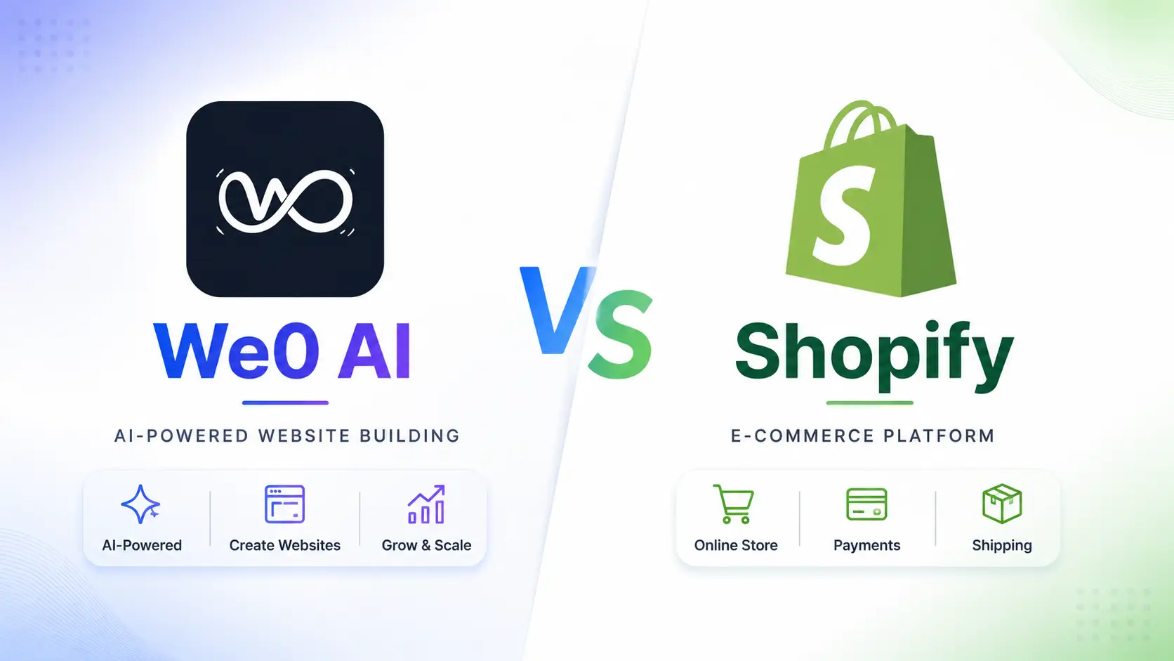 Cette image compare We0 AI et Shopify. À gauche, We0 AI, un outil de création de sites web propulsé par l'IA, met en avant ses atouts avec des icônes et du texte bleu clair : piloté par l'IA, création rapide de sites web, stimulation de la croissance commerciale. À droite, Shopify, une plateforme e-commerce, présente ses capacités avec des icônes et du texte vert : création de boutique en ligne, services de paiement, support de livraison. Le mot « VS » entre les deux est mis en évidence, soulignant clairement que l'image vise à comparer les positions et fonctions des deux, en écho au thème du document « We0 AI contre Shopify : Une entreprise B2B de commerce extérieur doit-elle opter pour un site vitrine ou une plateforme e-commerce autonome ? ».
