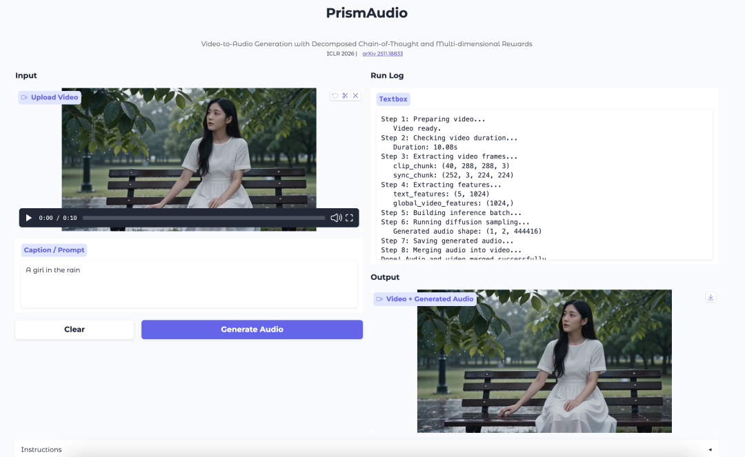 图片展示了 PrismAudio 视频转音频生成模型的界面。左侧为输入区域,有“Upload Video”按钮,下方是视频预览窗口,视频内容为一位女士坐在长椅上。下方还有“Caption / Prompt”区域,示例文本为“A girl in the rain”。右侧是运行日志,显示视频准备、检查时长等步骤。底部是输出区域,呈现了生成的音频和视频。该图直观呈现了 PrismAudio 模型的视频转音频生成流程及效果,与文档中对 PrismAudio 模型的介绍相呼应。